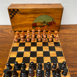 Antique Jerusalem Travelling Chess Box Made from Olive Wood Complete with Board & Pieces