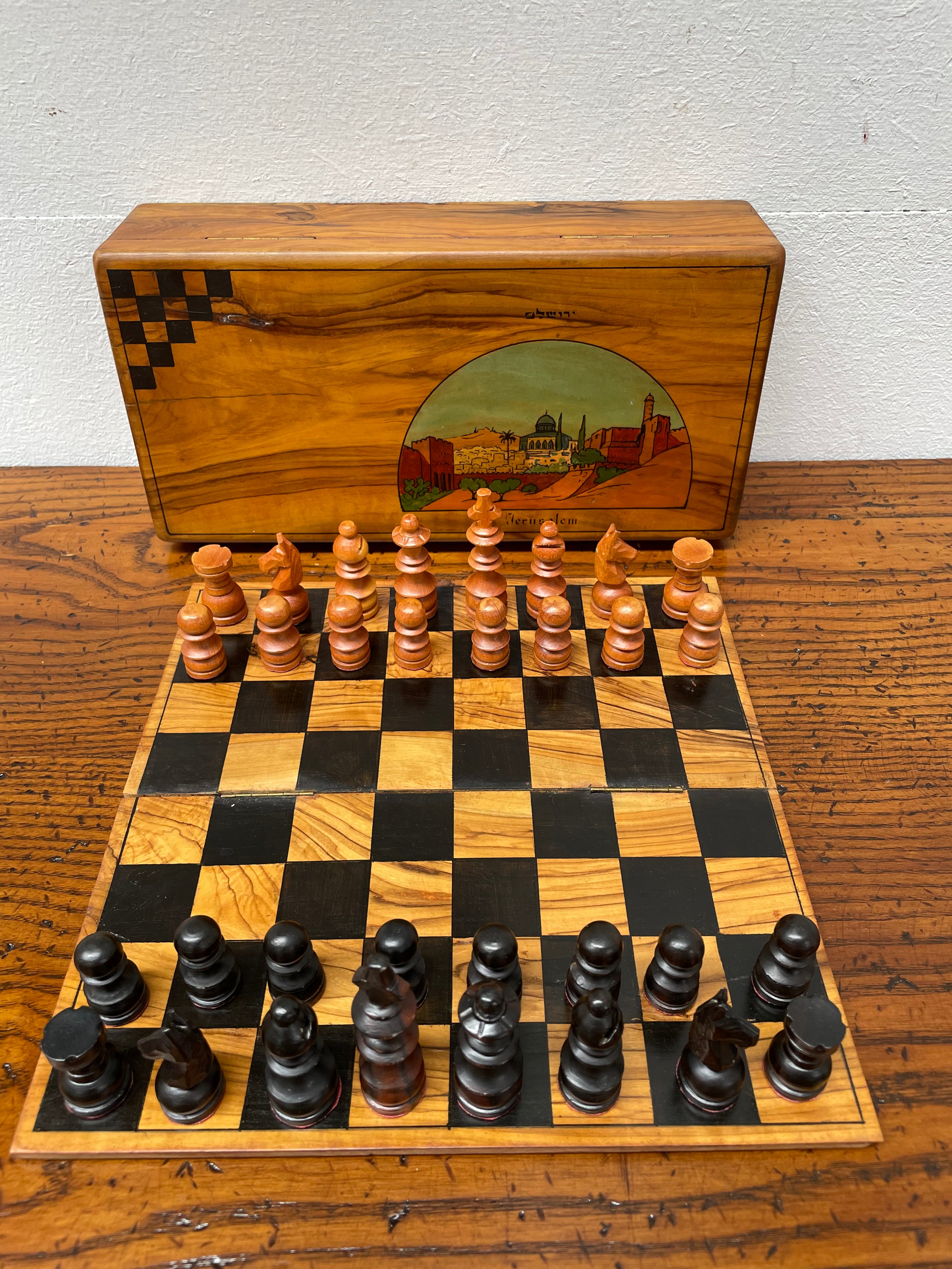 Antique Jerusalem Travelling Chess Box Made from Olive Wood Complete with Board & Pieces | Antique & Vintage | Moonee Ponds Antiques | Australia Wide Delivery
