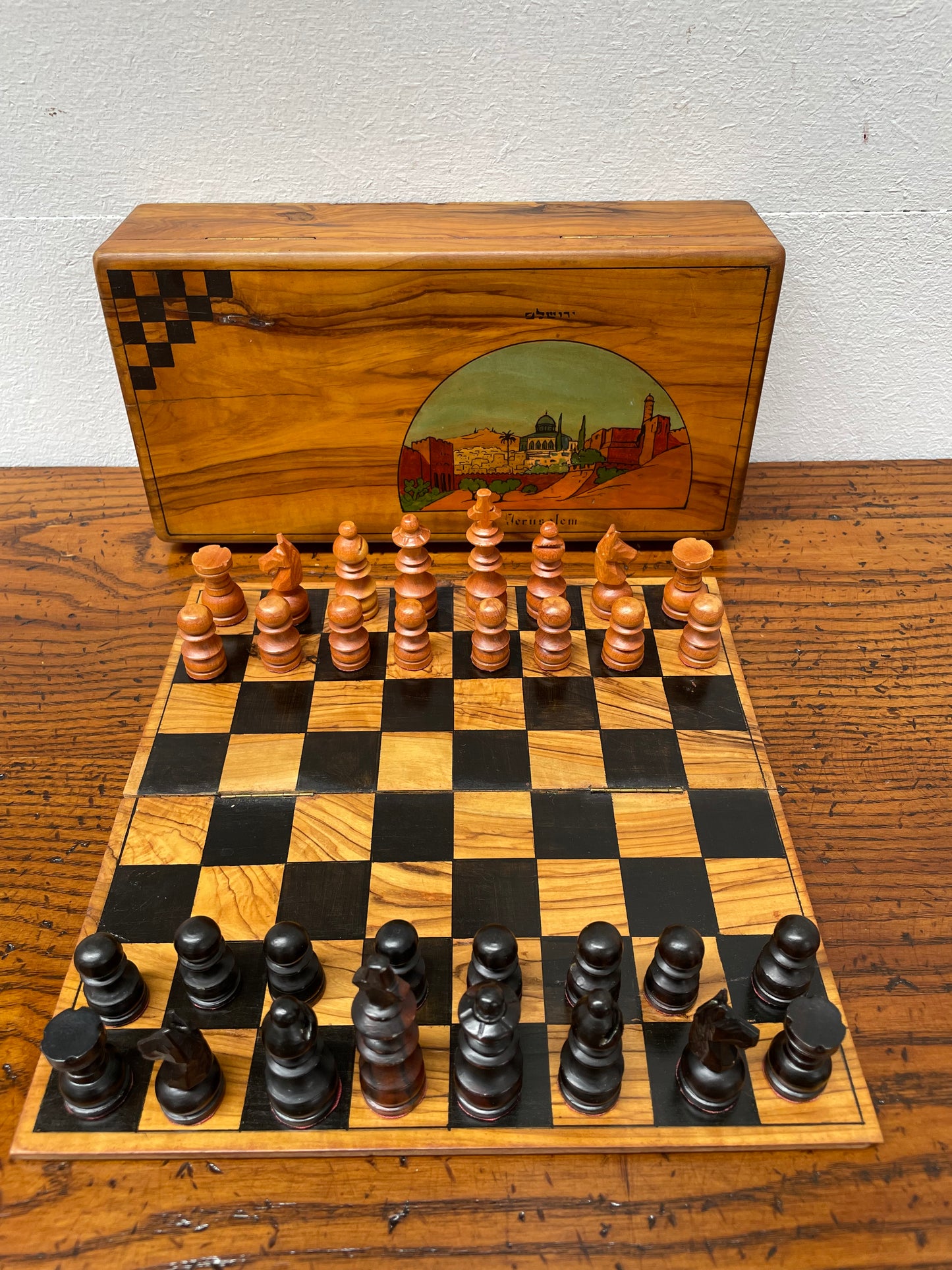 Antique Jerusalem Travelling Chess Box Made from Olive Wood Complete with Board & Pieces