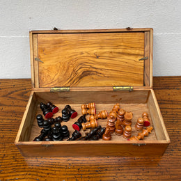 Antique Jerusalem Travelling Chess Box Made from Olive Wood Complete with Board & Pieces