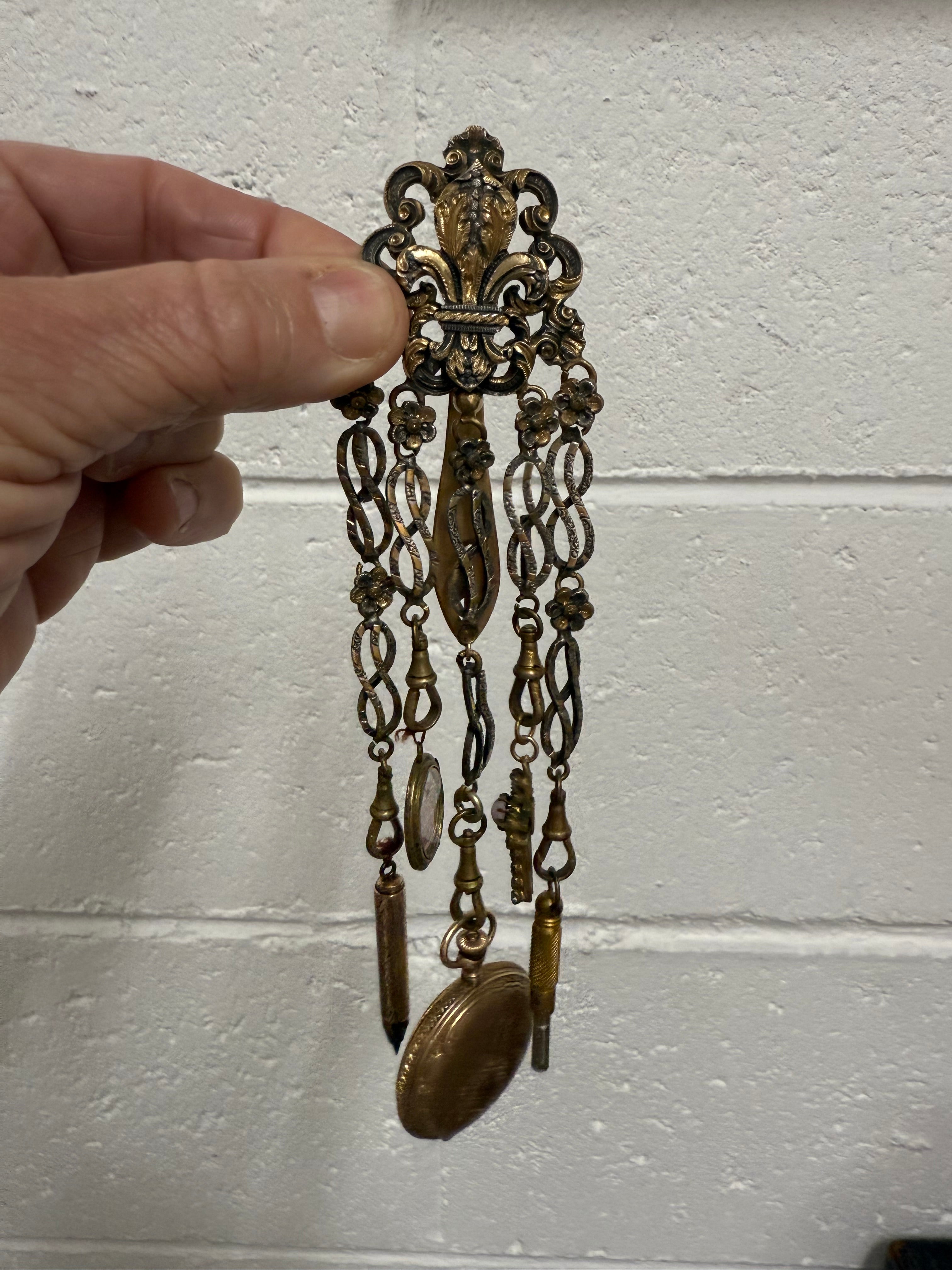 Victorian Silver & Gilt Metal Chatelaine with Attachments
