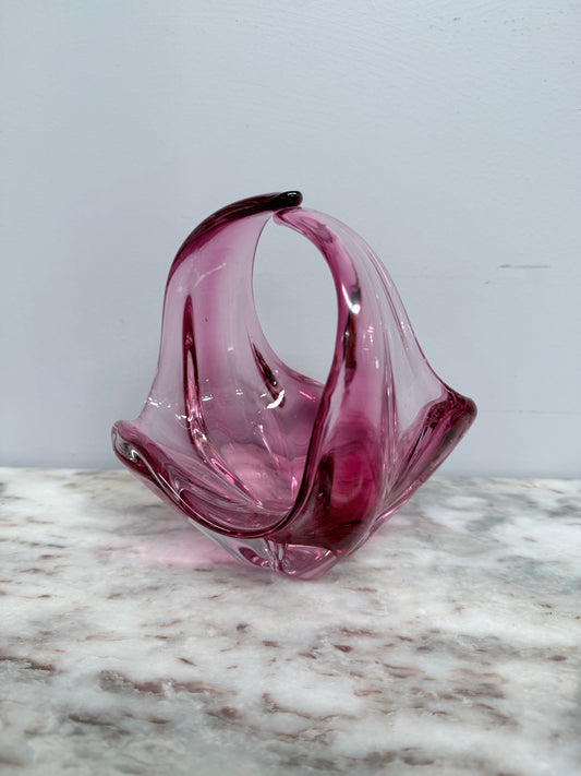 Vintage Murano Style Ruby Glass Basket Vase
