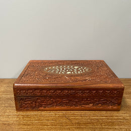 Vintage Teak Hand Carved & Bone Inlaid Jewellery Box