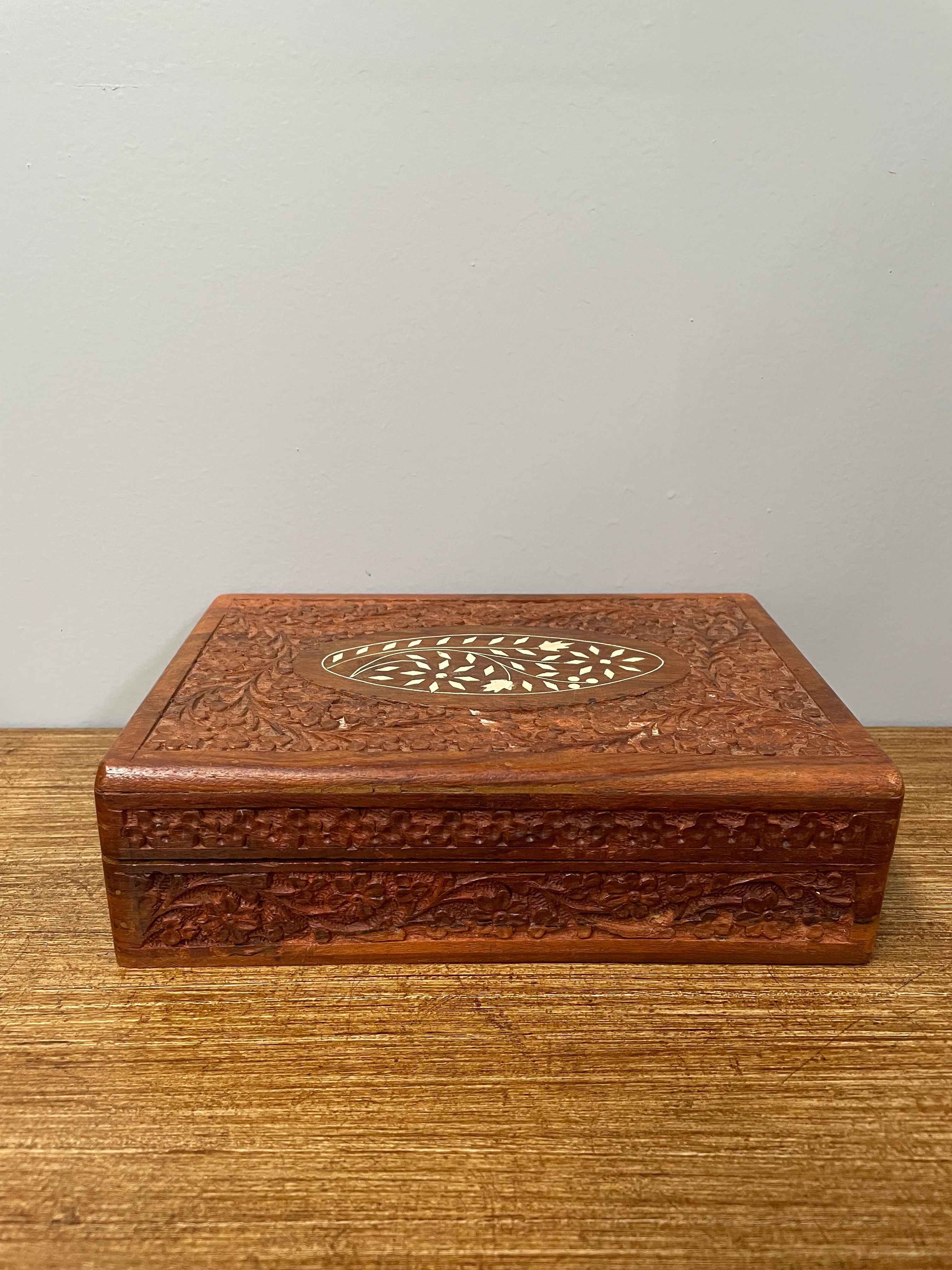 Vintage Teak Hand Carved & Bone Inlaid Jewellery Box | Antique & Vintage | Moonee Ponds Antiques | Australia Wide Delivery