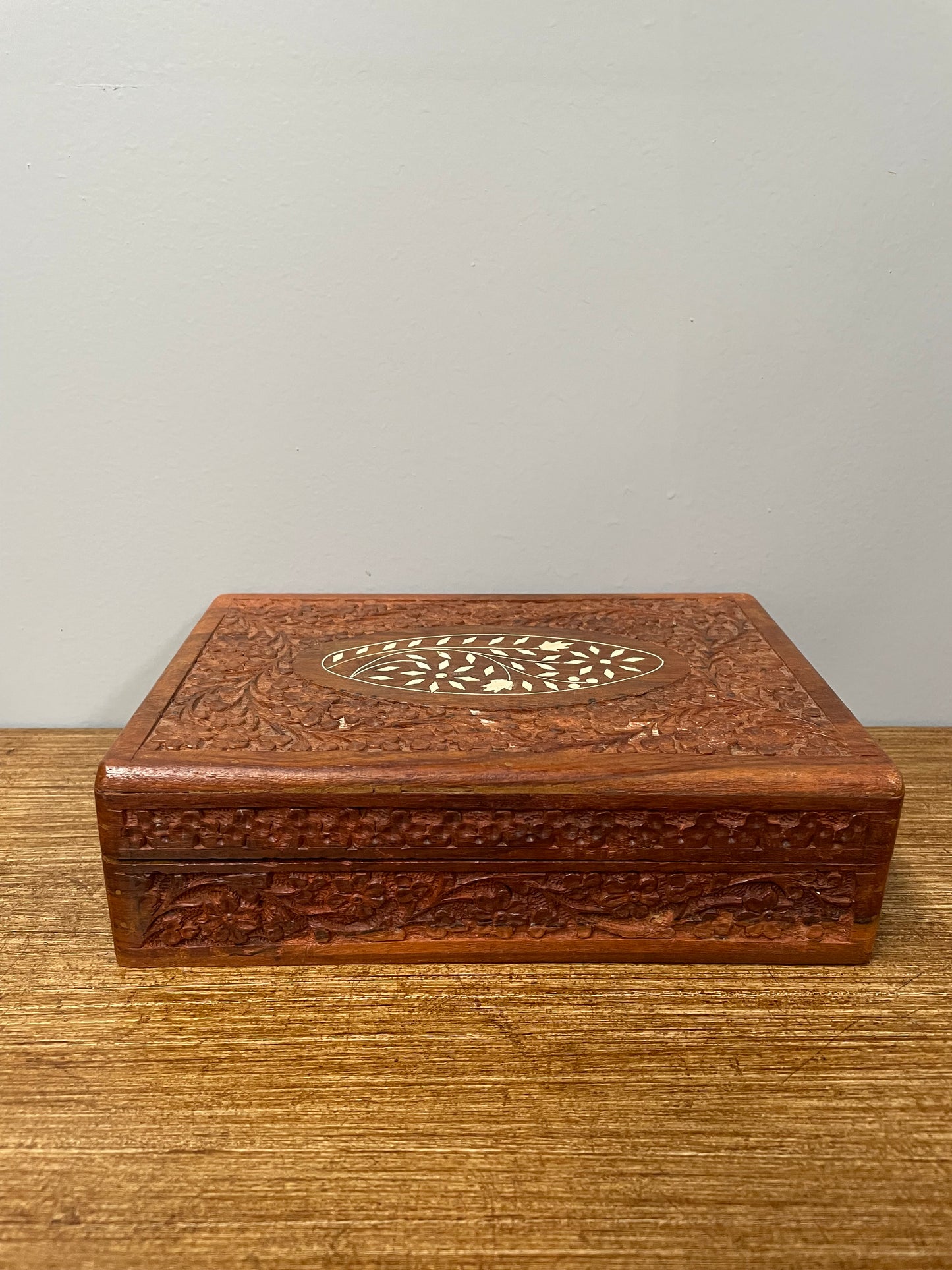 Vintage Teak Hand Carved & Bone Inlaid Jewellery Box