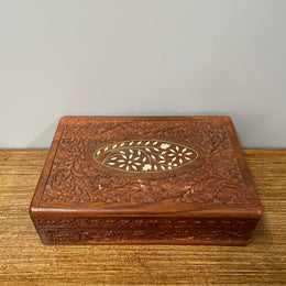 Vintage Teak Hand Carved & Bone Inlaid Jewellery Box