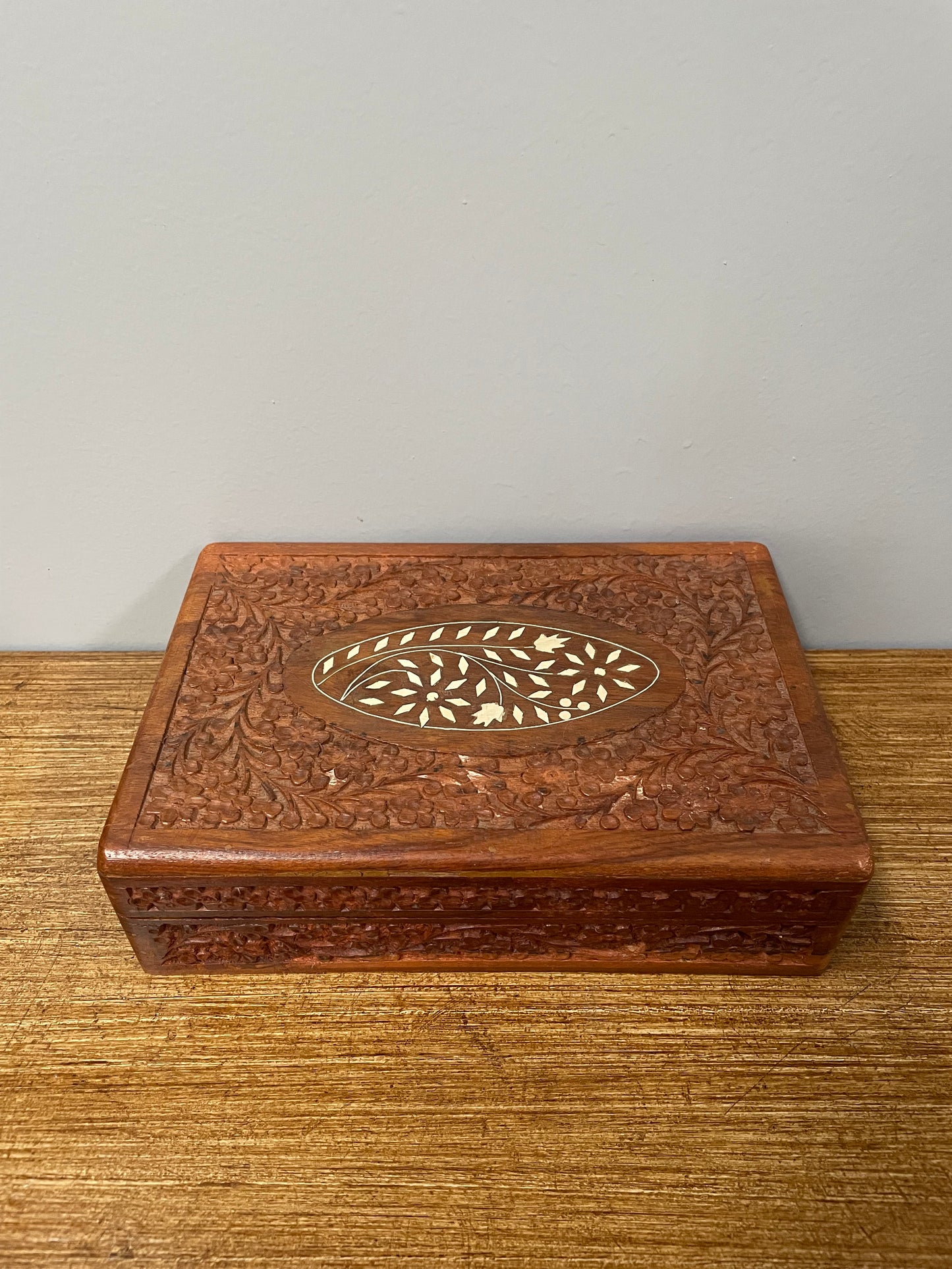 Vintage Teak Hand Carved & Bone Inlaid Jewellery Box