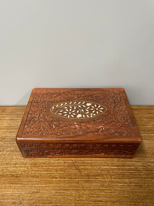 Vintage Teak Hand Carved & Bone Inlaid Jewellery Box