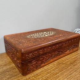 Vintage Teak Hand Carved & Bone Inlaid Jewellery Box