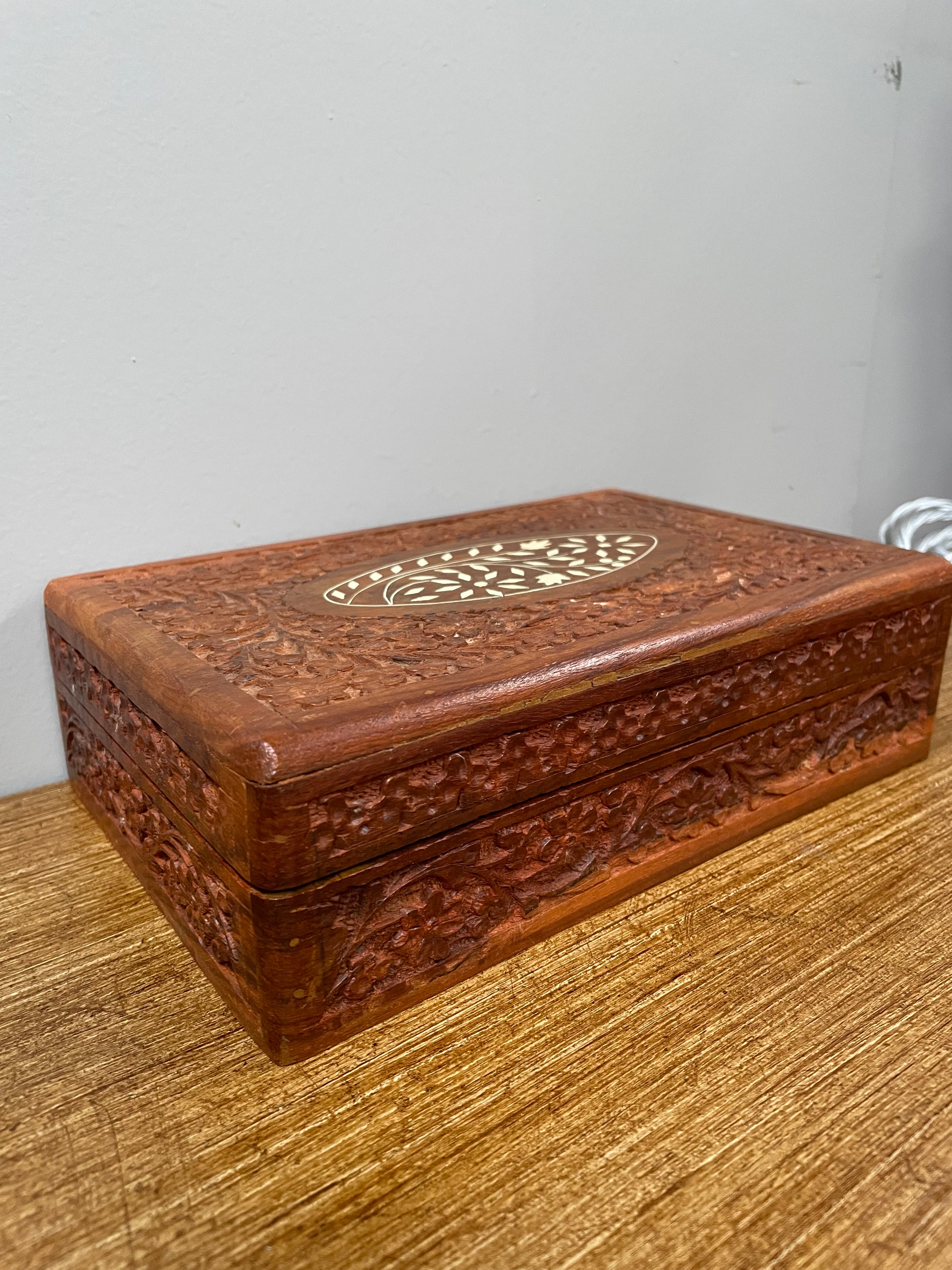 Vintage Teak Hand Carved & Bone Inlaid Jewellery Box | Antique & Vintage | Moonee Ponds Antiques | Australia Wide Delivery