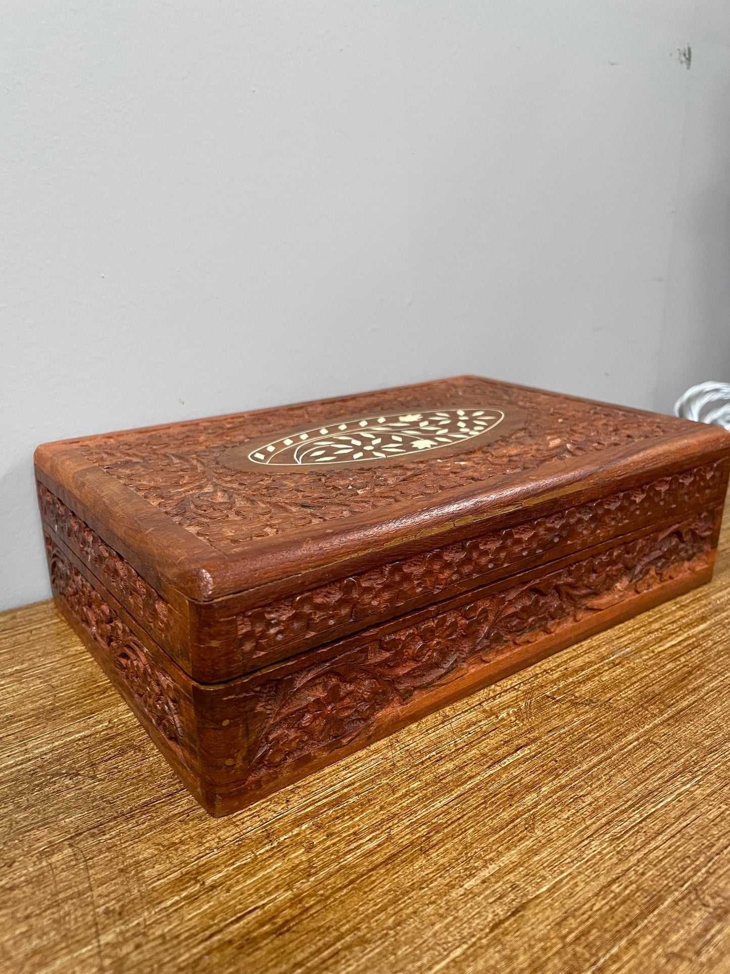 Vintage Teak Hand Carved & Bone Inlaid Jewellery Box