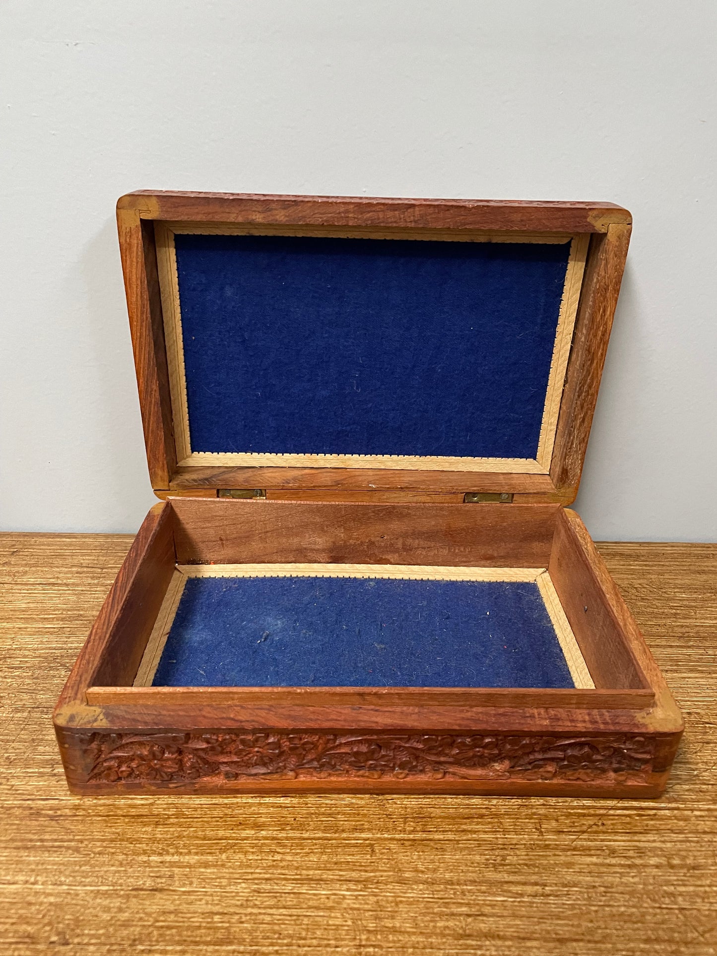 Vintage Teak Hand Carved & Bone Inlaid Jewellery Box