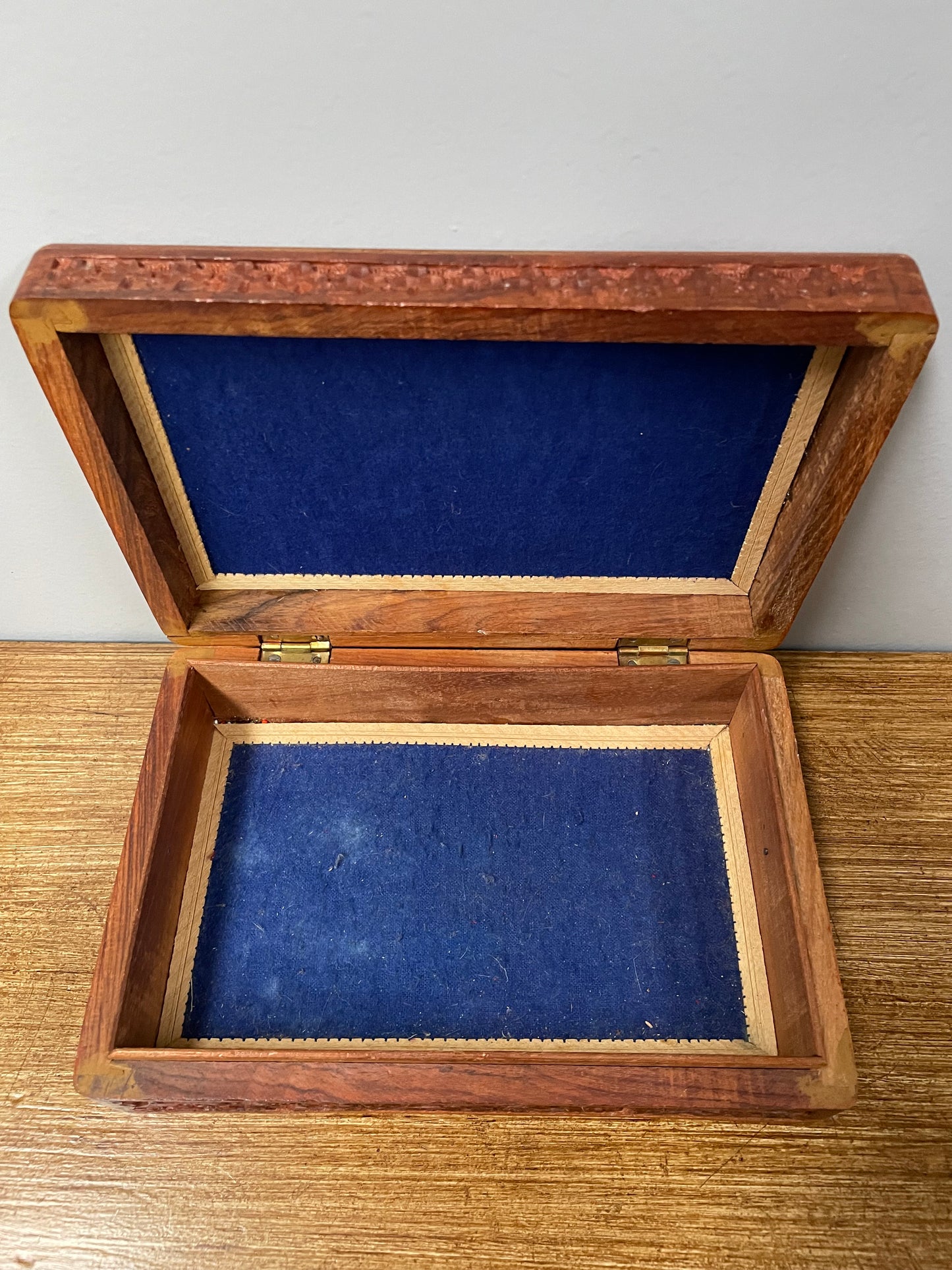 Vintage Teak Hand Carved & Bone Inlaid Jewellery Box