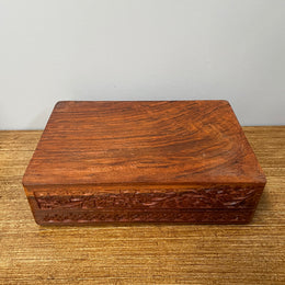 Vintage Teak Hand Carved & Bone Inlaid Jewellery Box