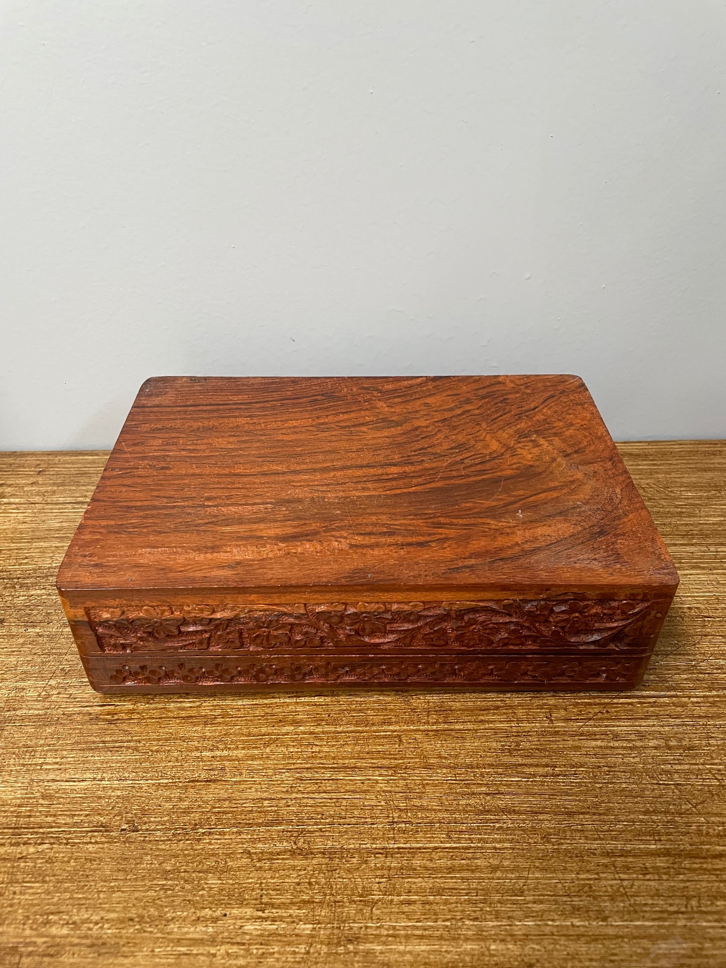 Vintage Teak Hand Carved & Bone Inlaid Jewellery Box