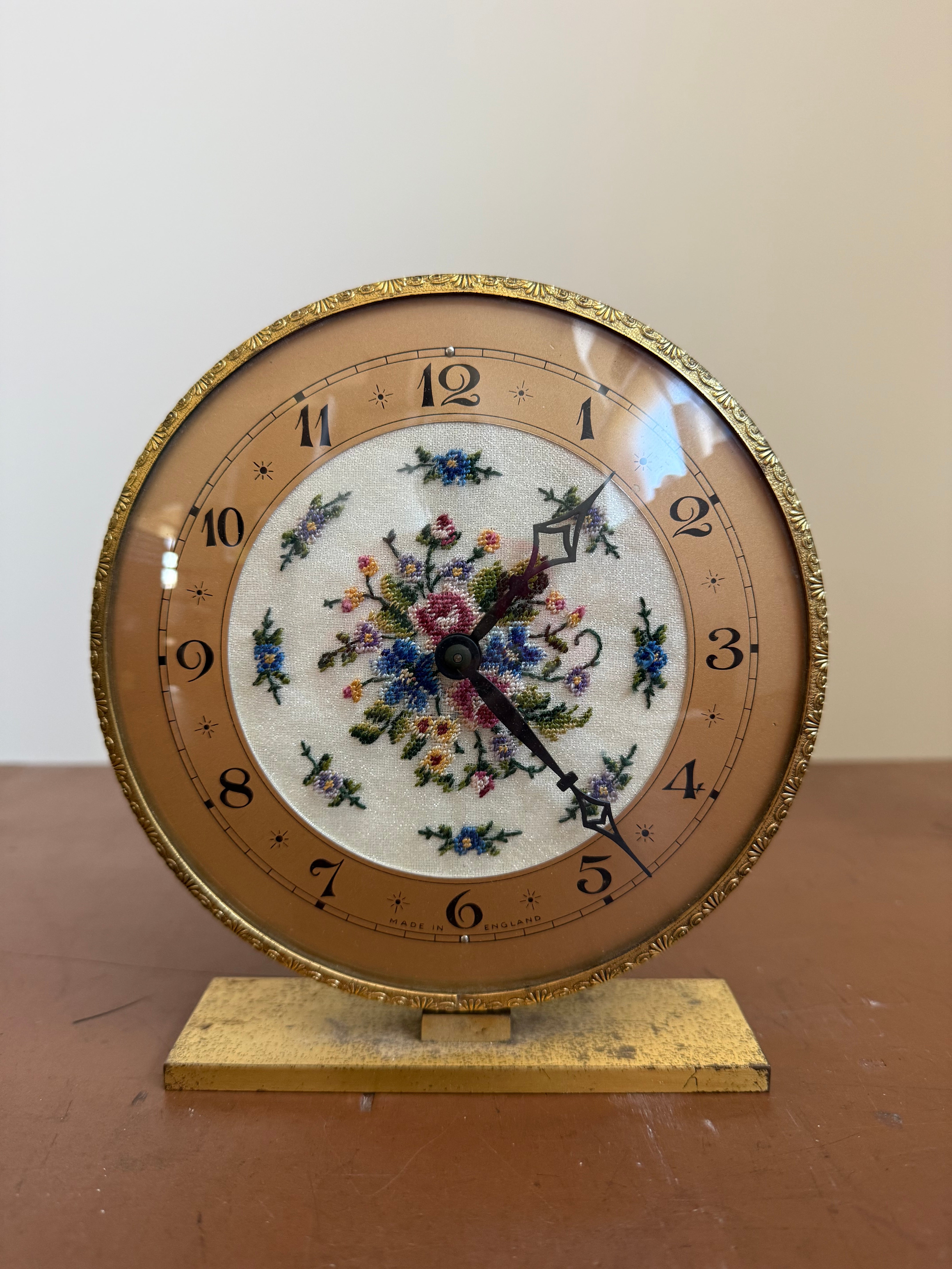 Vintage Brass Filigree & Petit Point Clock