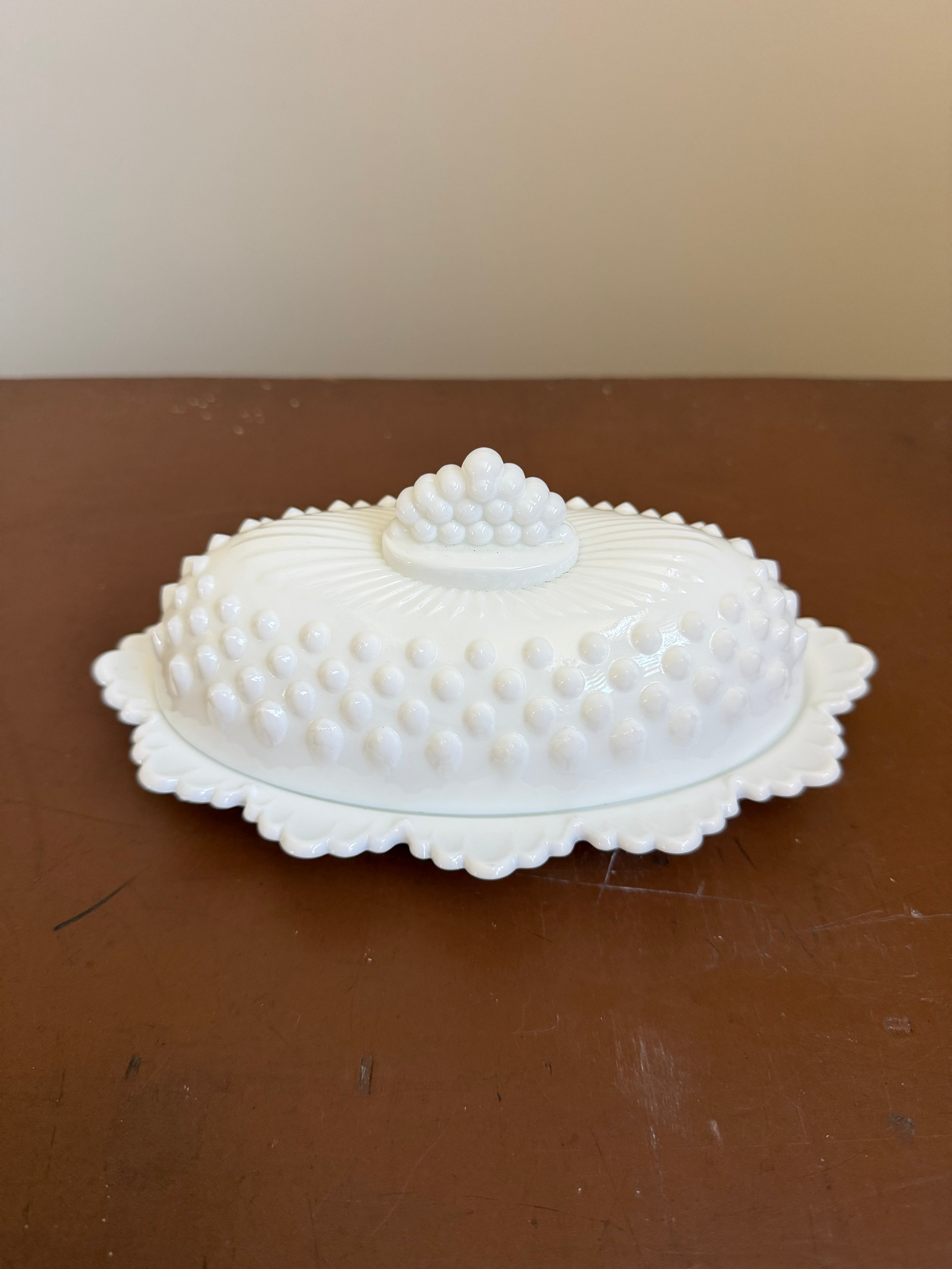 Vintage Fenton Sawtooth Hobnail White Milk Glass Butter Dish & Lid