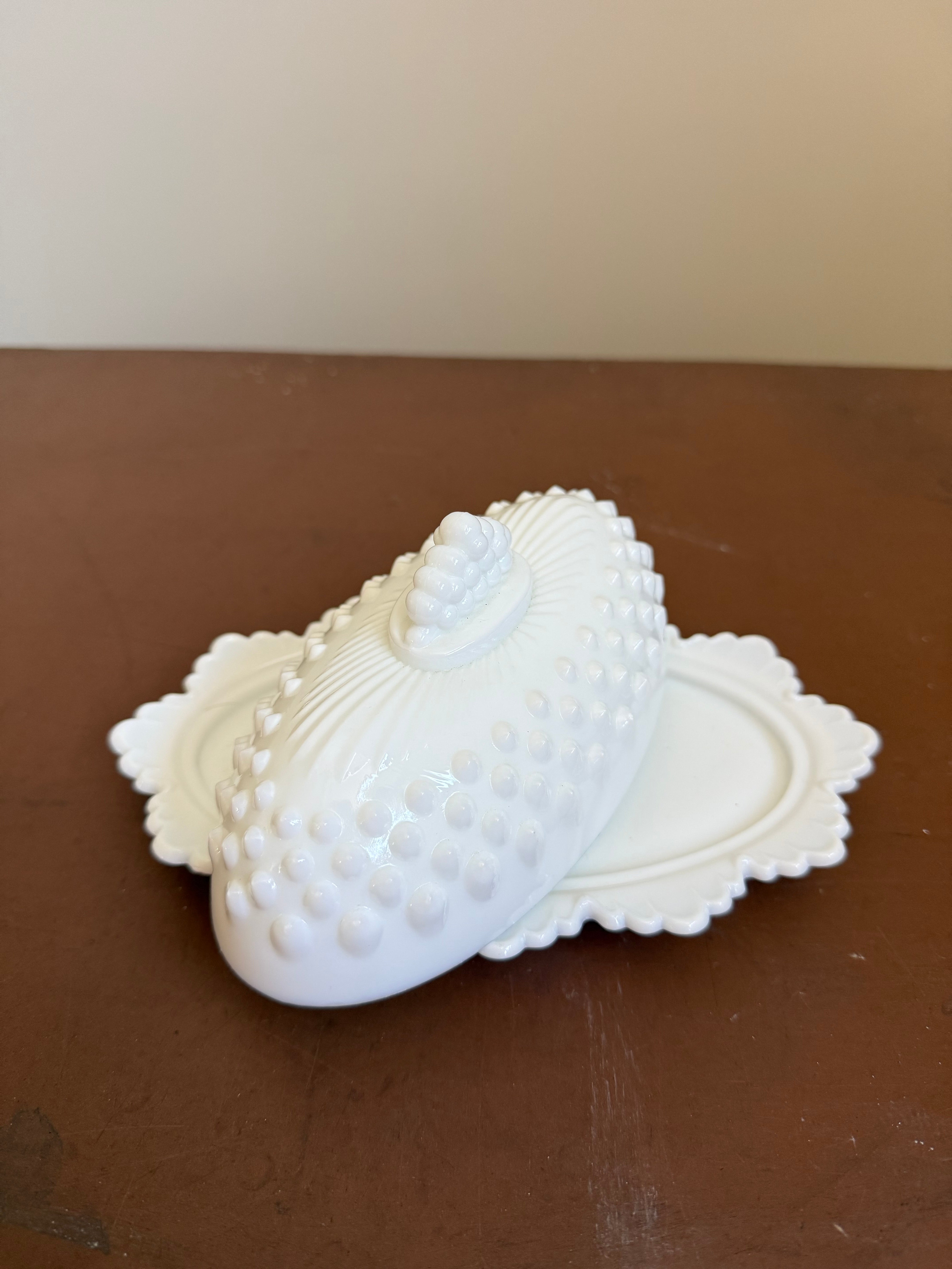 Vintage Fenton Sawtooth Hobnail White Milk Glass Butter Dish & Lid