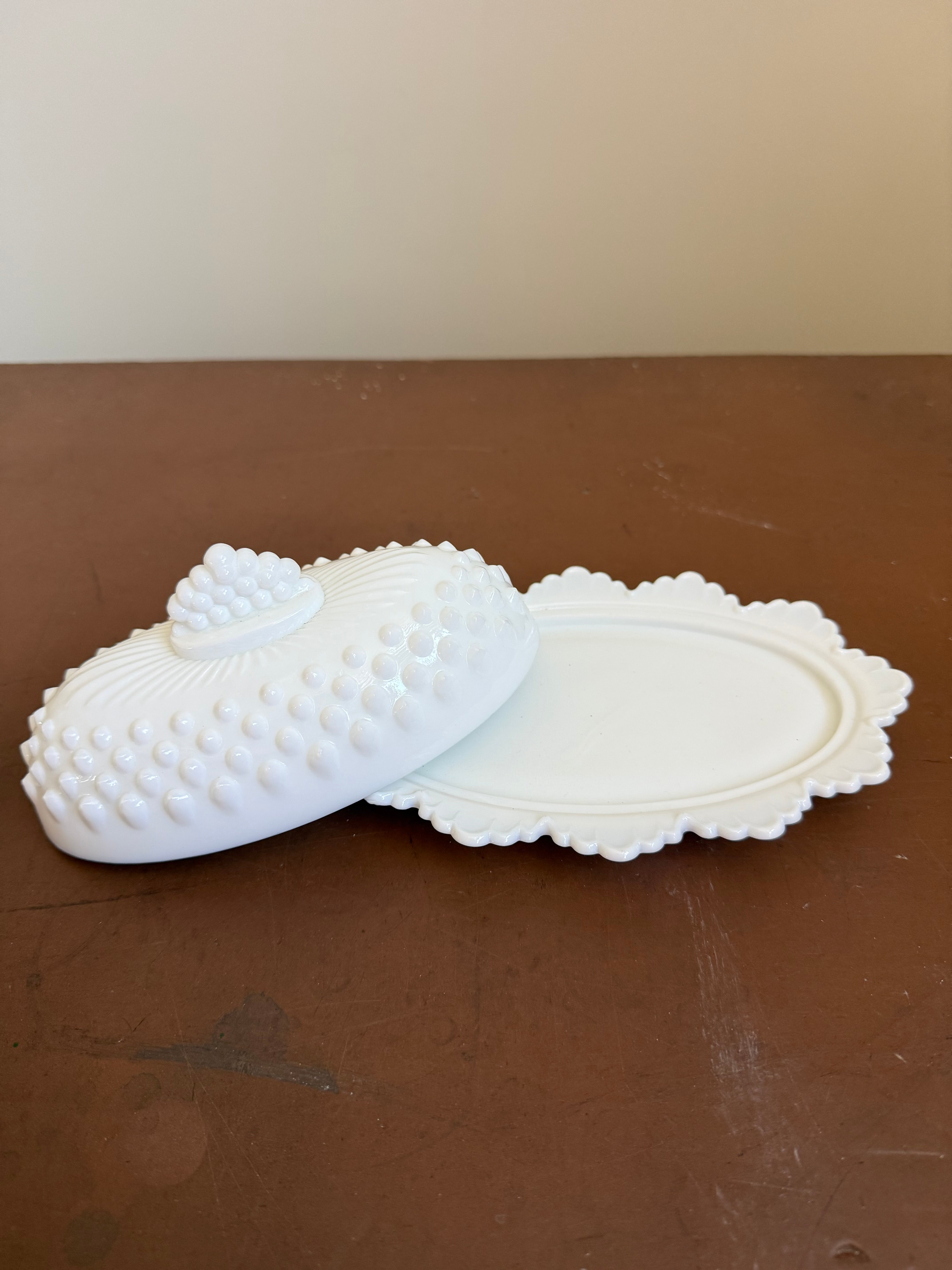 Vintage Fenton Sawtooth Hobnail White Milk Glass Butter Dish & Lid