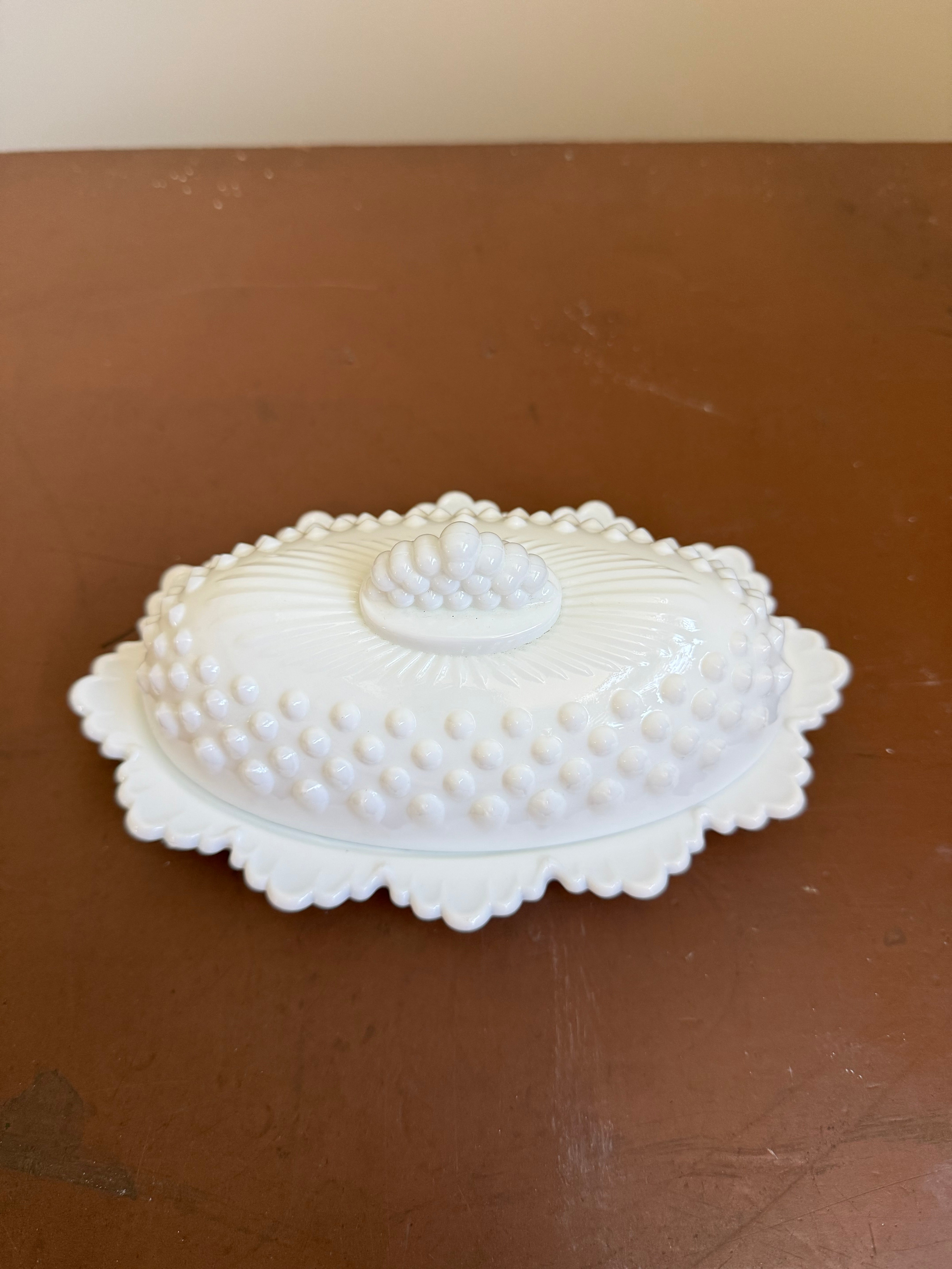 Vintage Fenton Sawtooth Hobnail White Milk Glass Butter Dish & Lid