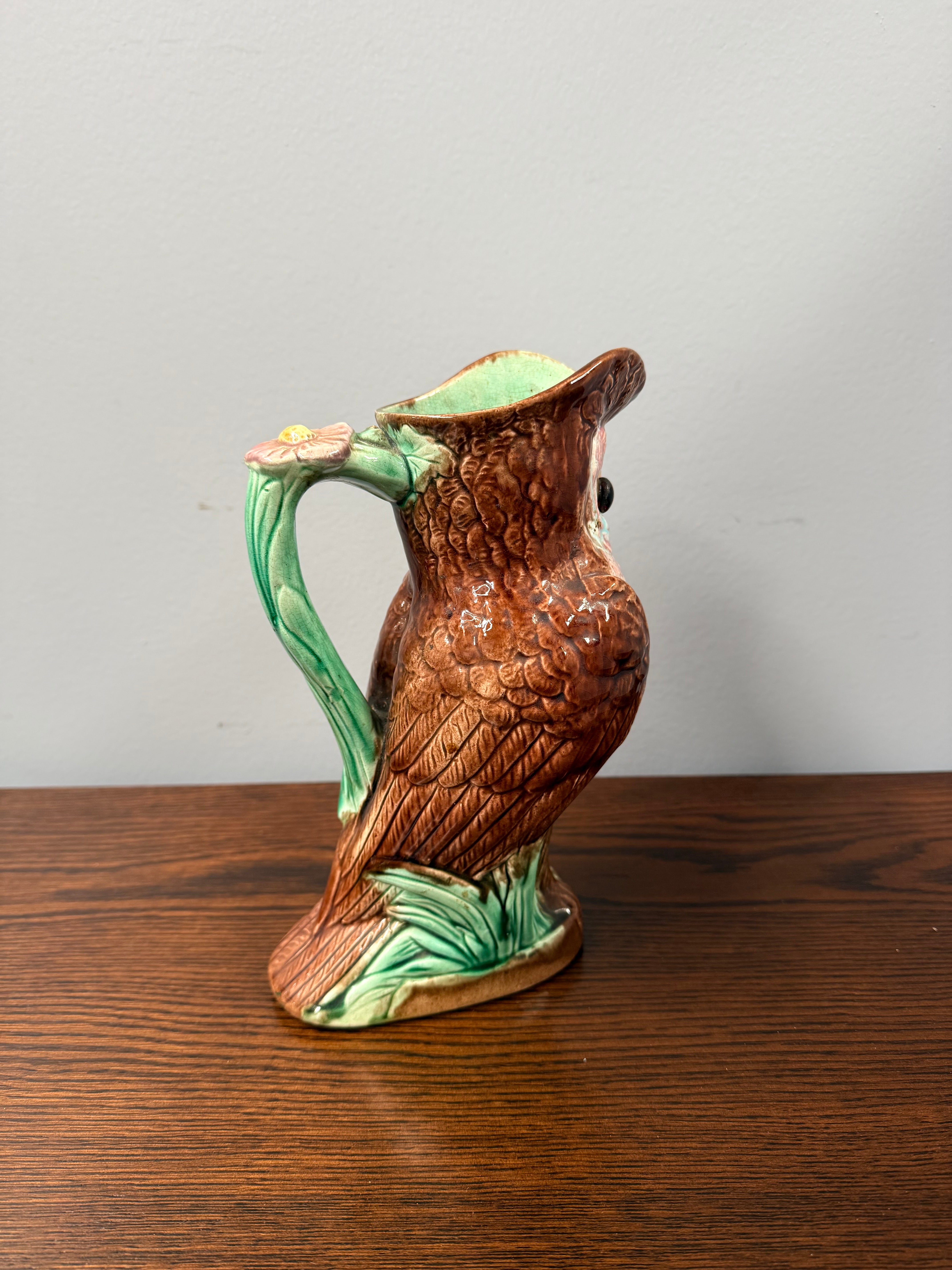 19th Century Majolica Owl Jug Pitcher