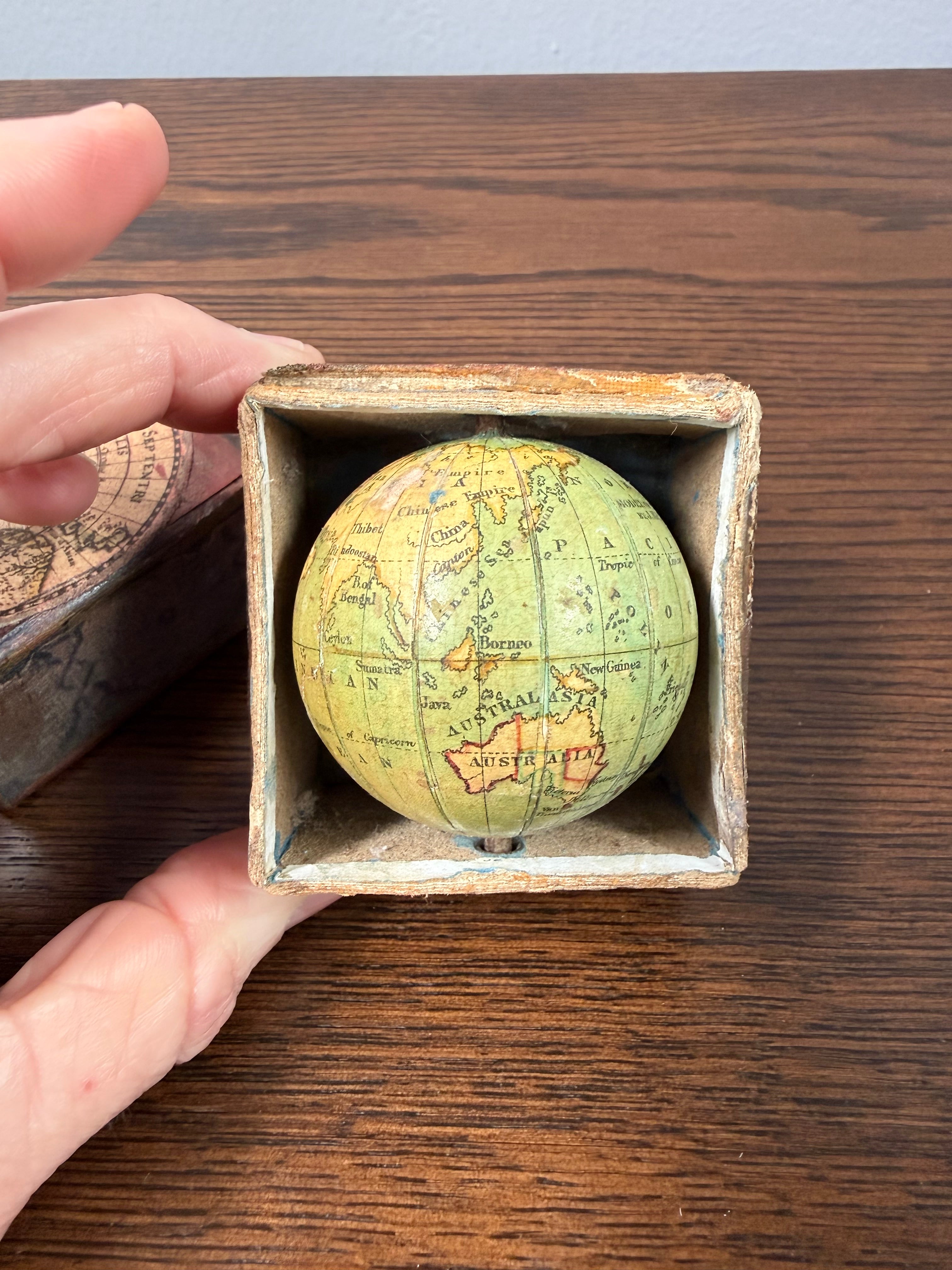 Rare Antique Pocket Globe in Box, Circa 1850s