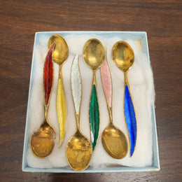 Rare Set 6 Norwegian Sterling Silver & Guilloche Enamel Feather Spoons