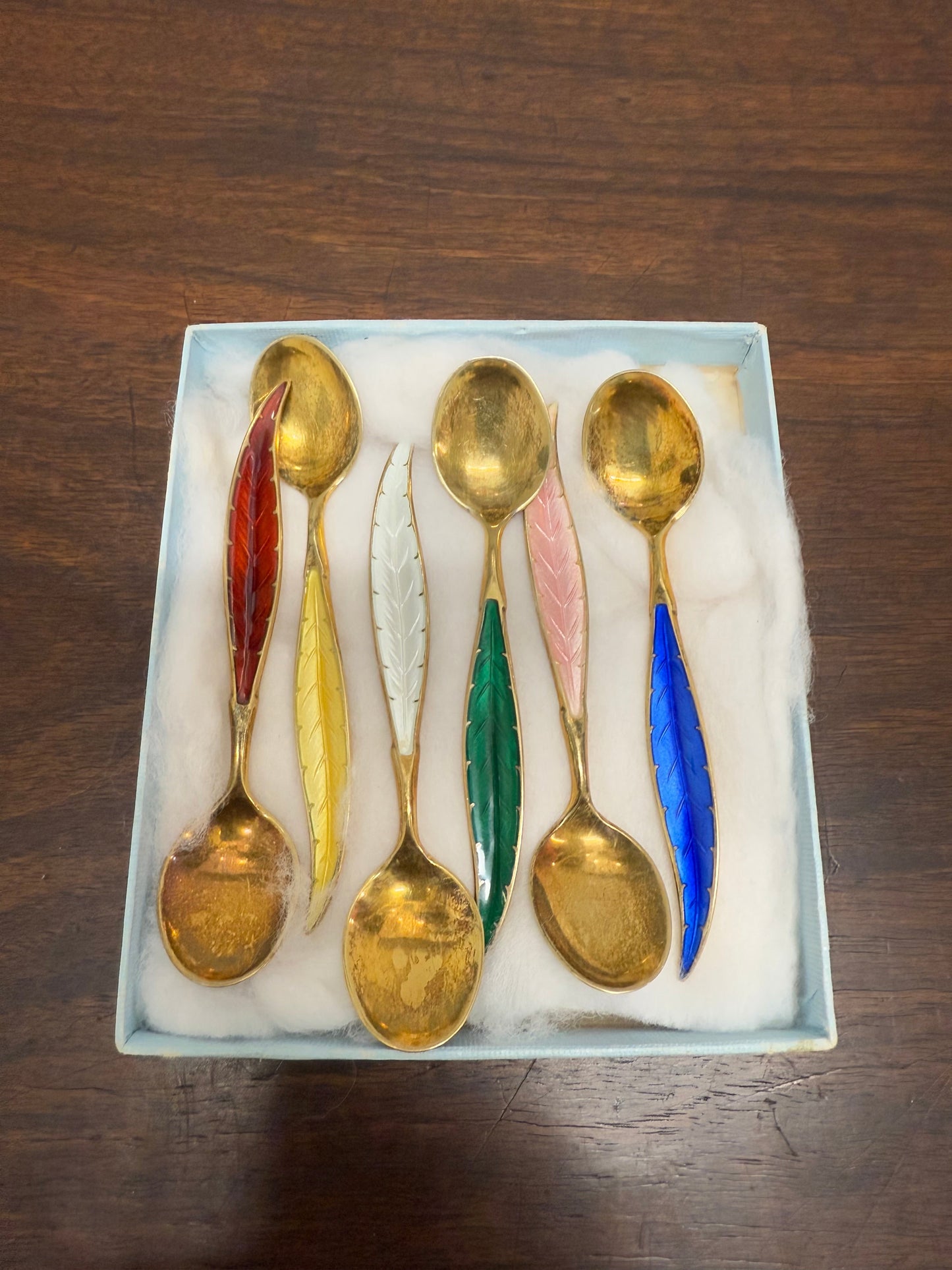 Rare Set 6 Norwegian Sterling Silver & Guilloche Enamel Feather Spoons