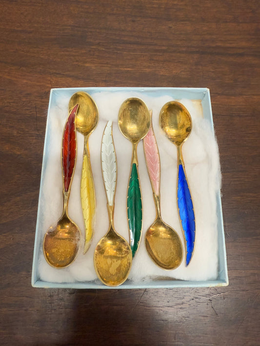 Rare Set 6 Norwegian Sterling Silver & Guilloche Enamel Feather Spoons