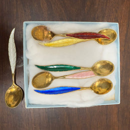 Rare Set 6 Norwegian Sterling Silver & Guilloche Enamel Feather Spoons
