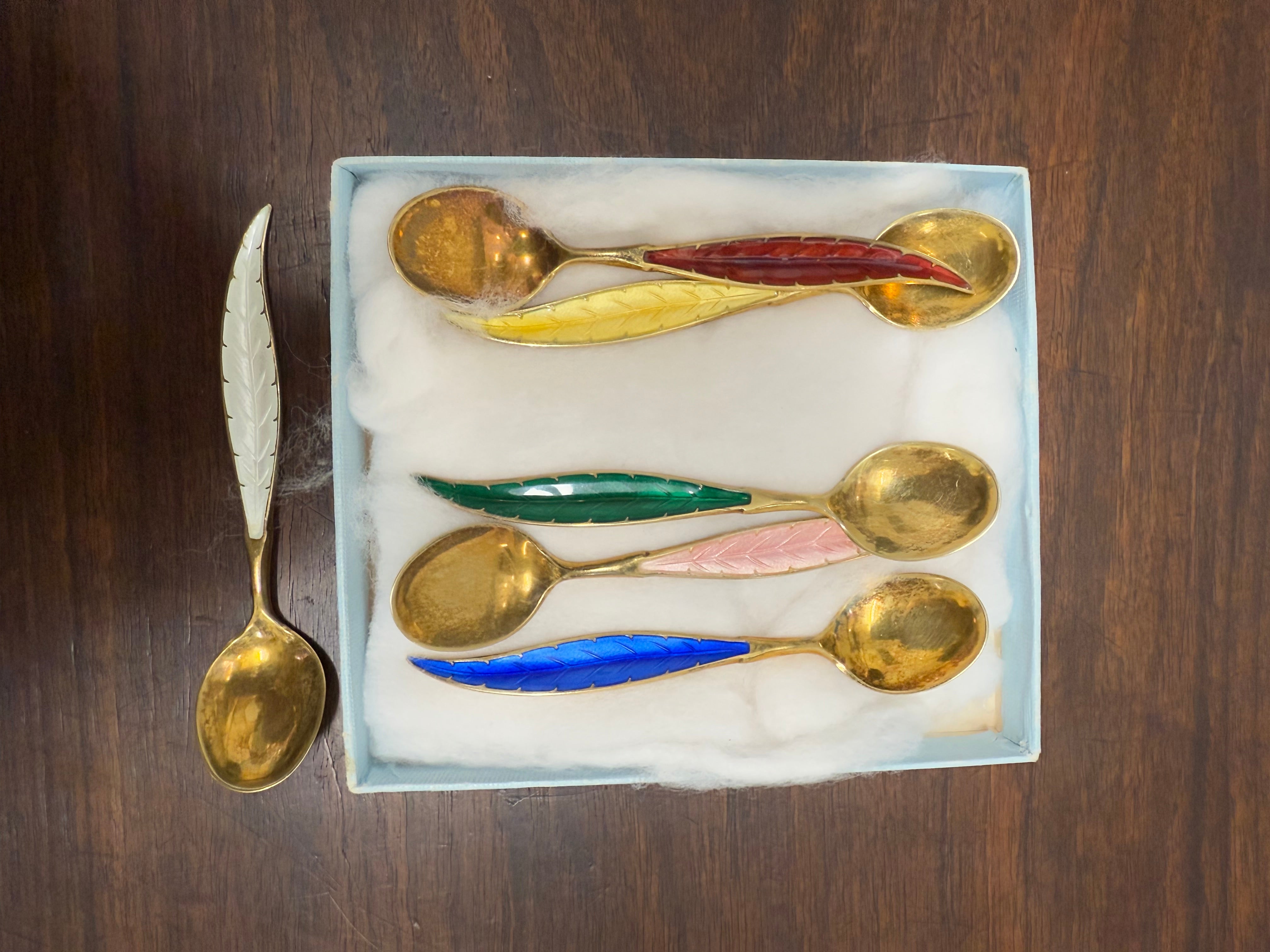 Rare Set 6 Norwegian Sterling Silver & Guilloche Enamel Feather Spoons | Antique & Vintage | Moonee Ponds Antiques | Australia Wide Delivery