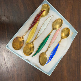 Rare Set 6 Norwegian Sterling Silver & Guilloche Enamel Feather Spoons