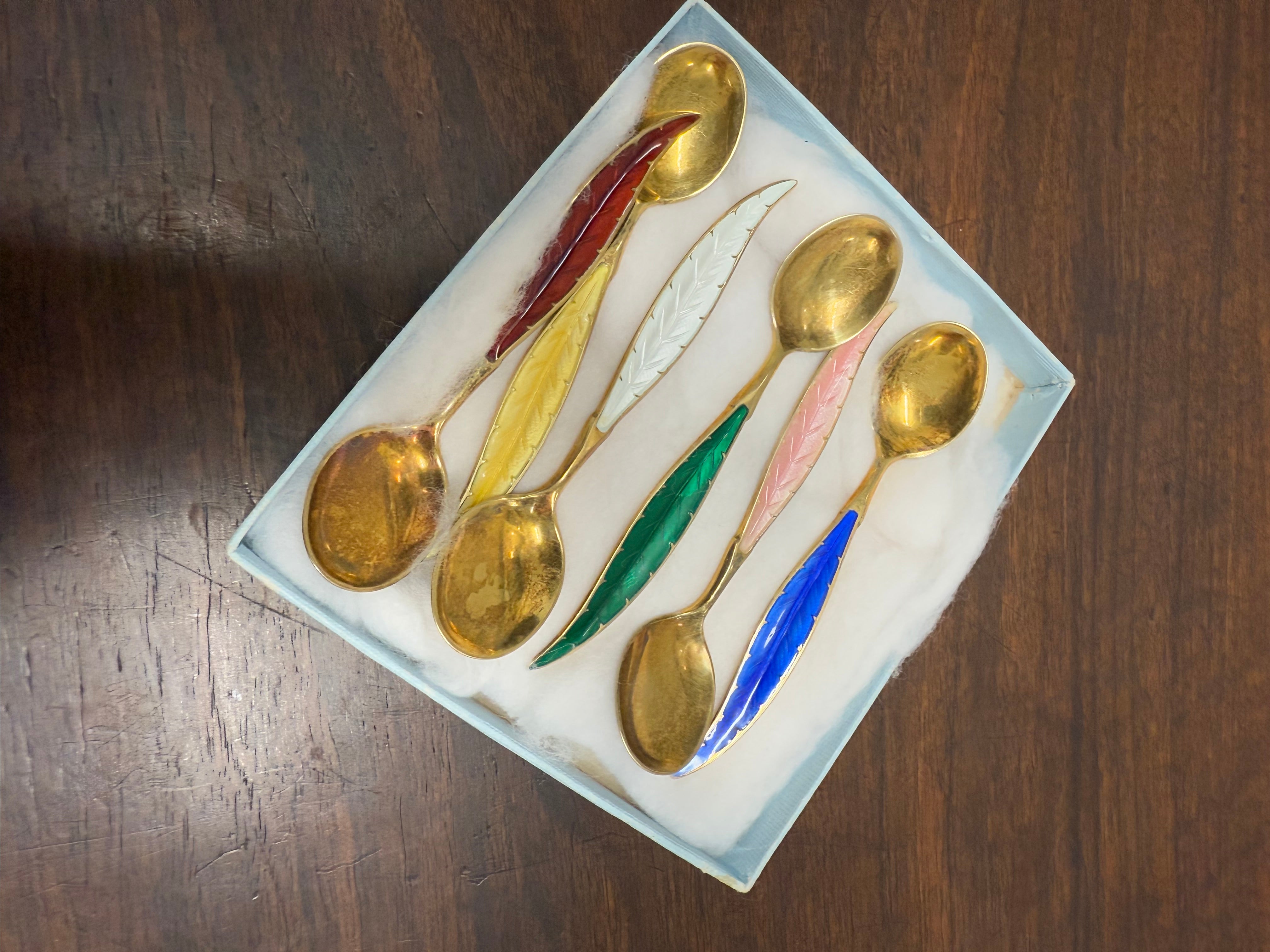 Rare Set 6 Norwegian Sterling Silver & Guilloche Enamel Feather Spoons | Antique & Vintage | Moonee Ponds Antiques | Australia Wide Delivery