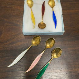 Rare Set 6 Norwegian Sterling Silver & Guilloche Enamel Feather Spoons