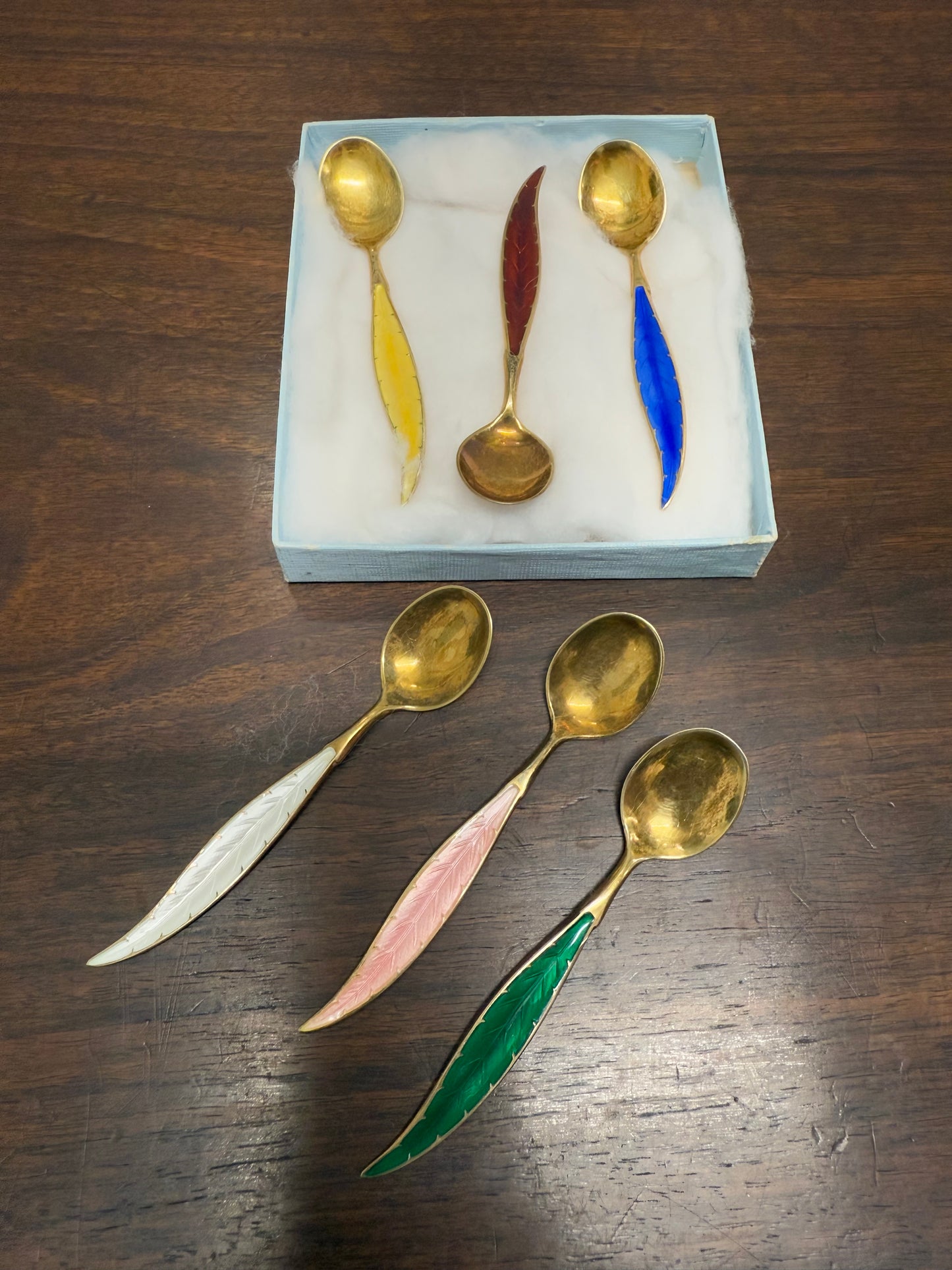 Rare Set 6 Norwegian Sterling Silver & Guilloche Enamel Feather Spoons