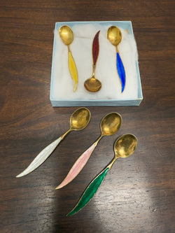 Rare Set 6 Norwegian Sterling Silver & Guilloche Enamel Feather Spoons | Antique & Vintage | Moonee Ponds Antiques | Australia Wide Delivery
