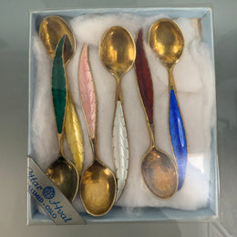 Rare Set 6 Norwegian Sterling Silver & Guilloche Enamel Feather Spoons