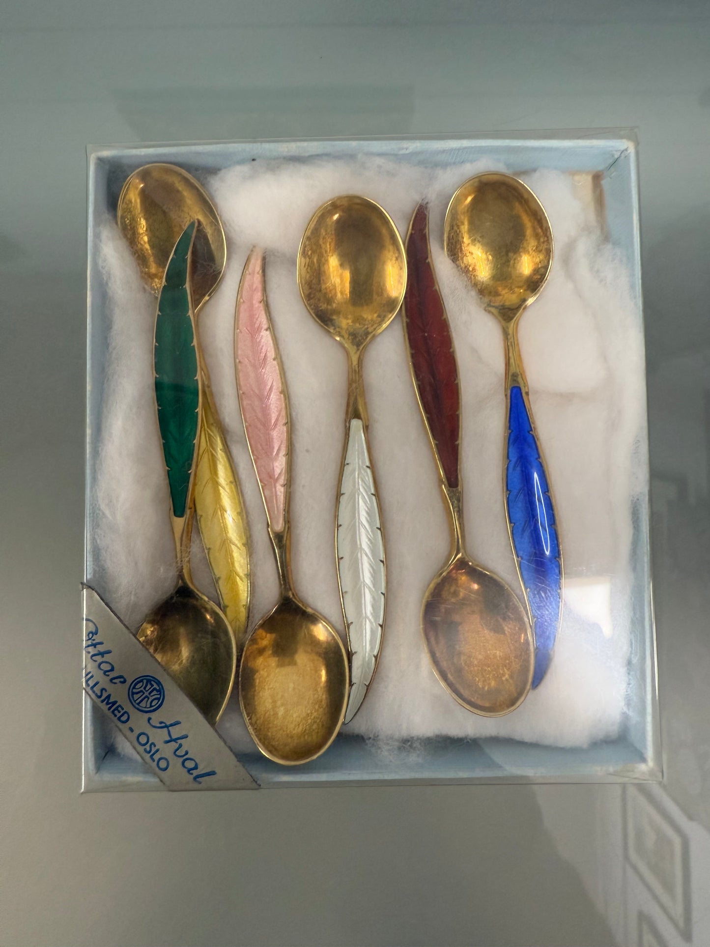Rare Set 6 Norwegian Sterling Silver & Guilloche Enamel Feather Spoons