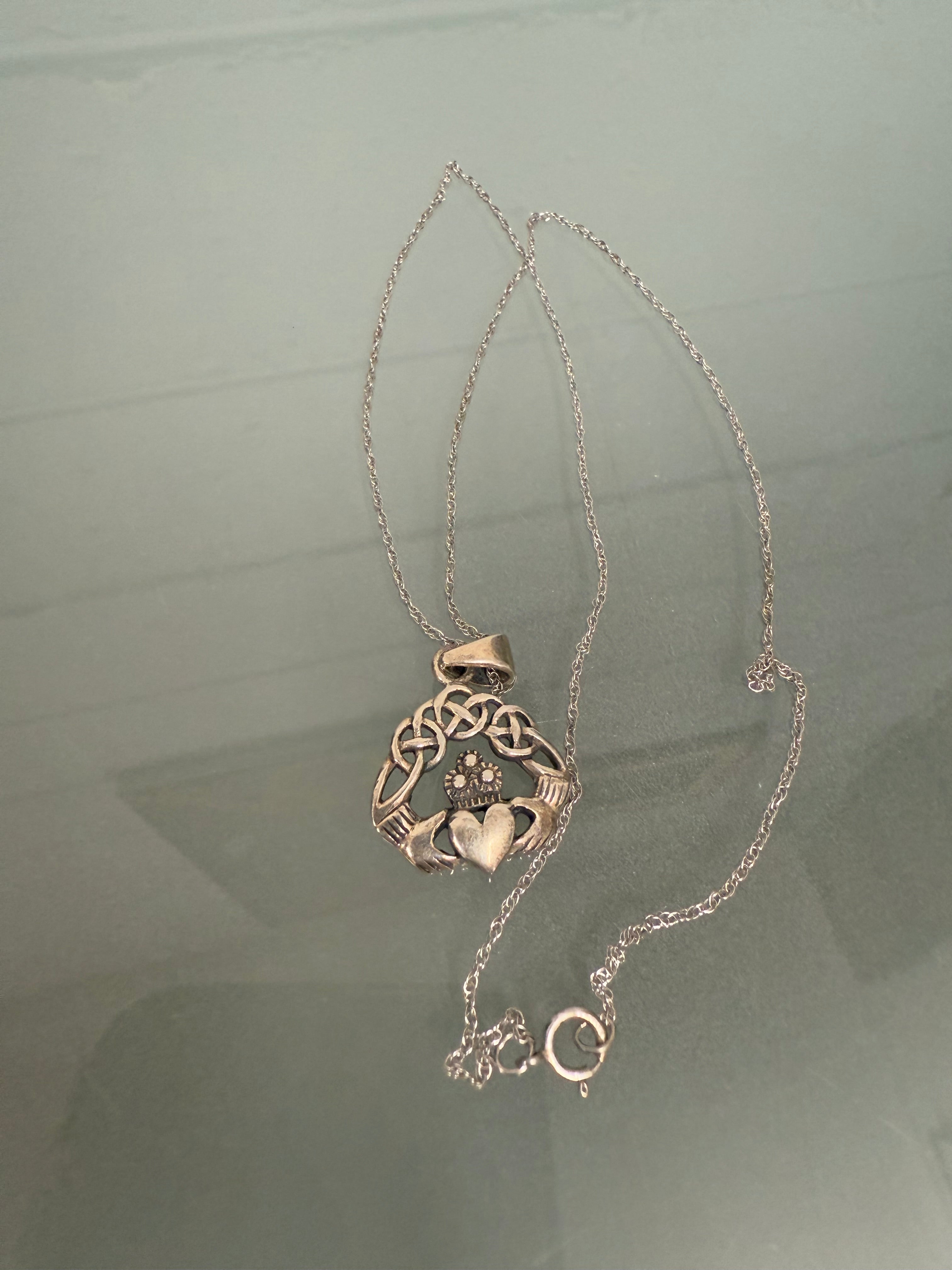 Vintage Sterling Silver Claddagh Style Pendant & Chain | Antique & Vintage | Moonee Ponds Antiques | Australia Wide Delivery