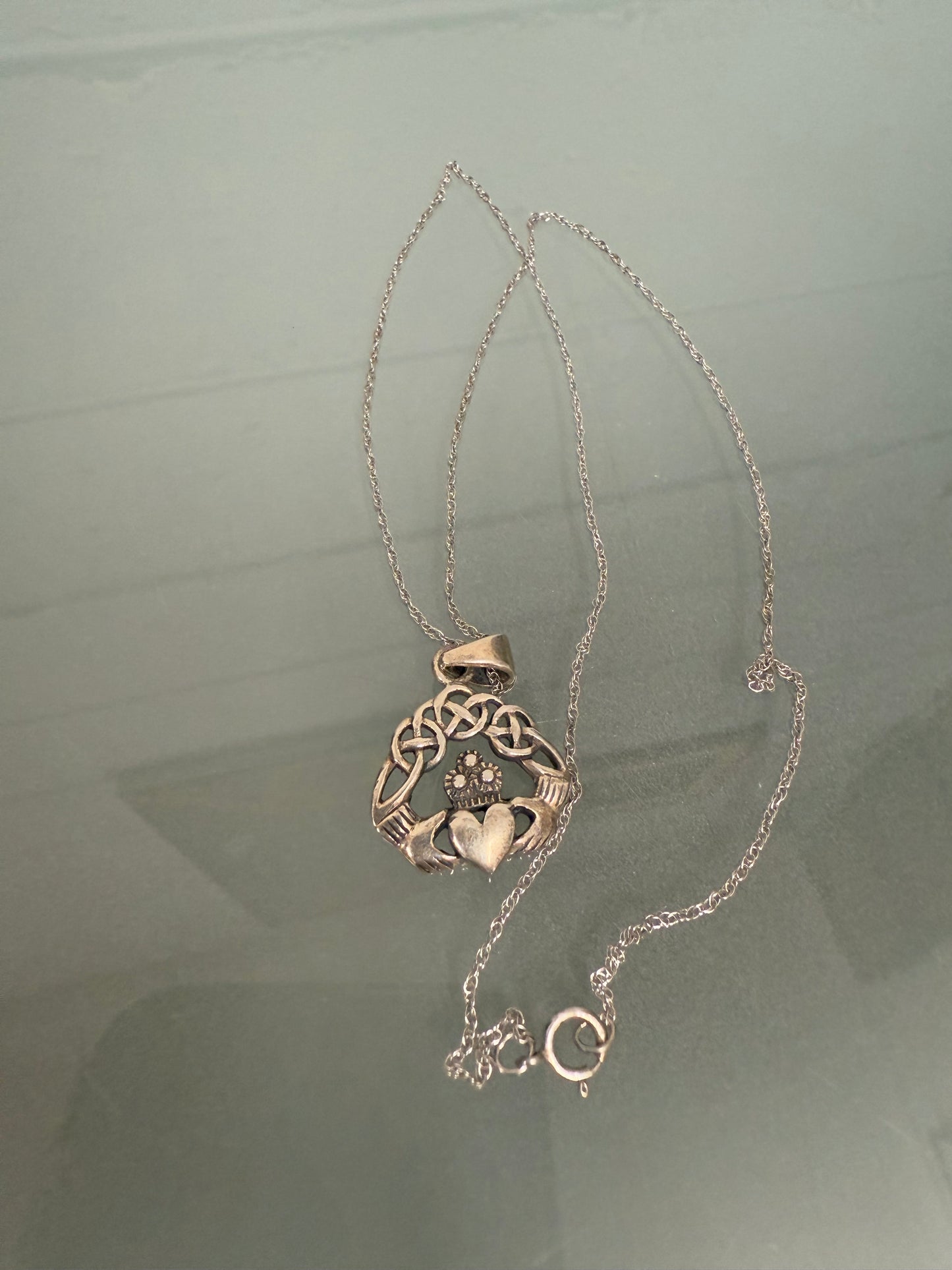 Vintage Sterling Silver Claddagh Style Pendant & Chain