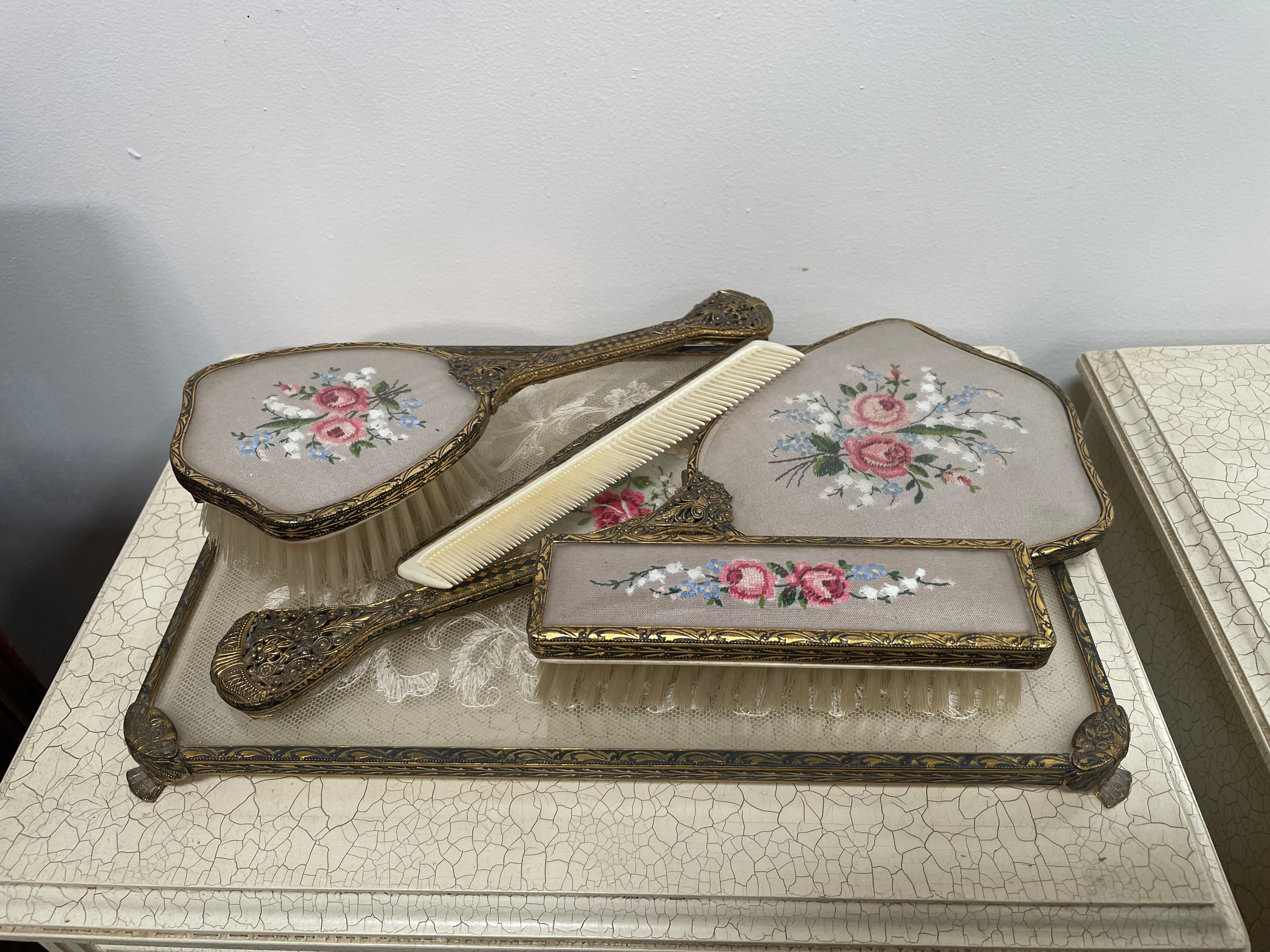 Vintage 5 Piece Petit Point Dressing Table Set | Antique & Vintage | Moonee Ponds Antiques | Australia Wide Delivery