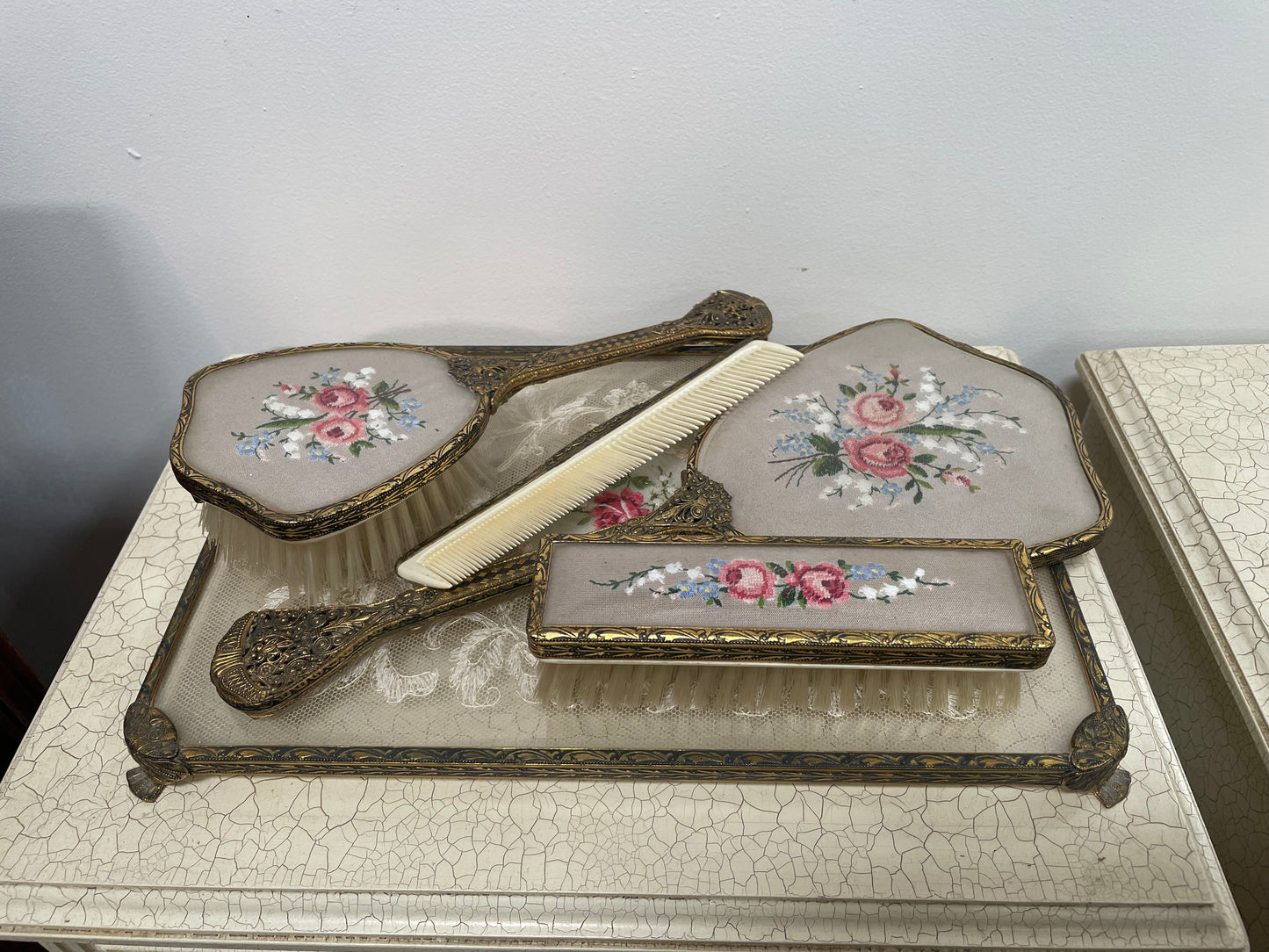 Vintage 5 Piece Petit Point Dressing Table Set