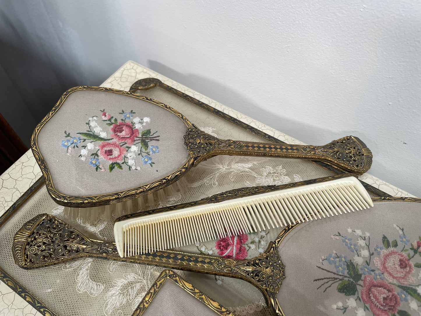 Vintage 5 Piece Petit Point Dressing Table Set