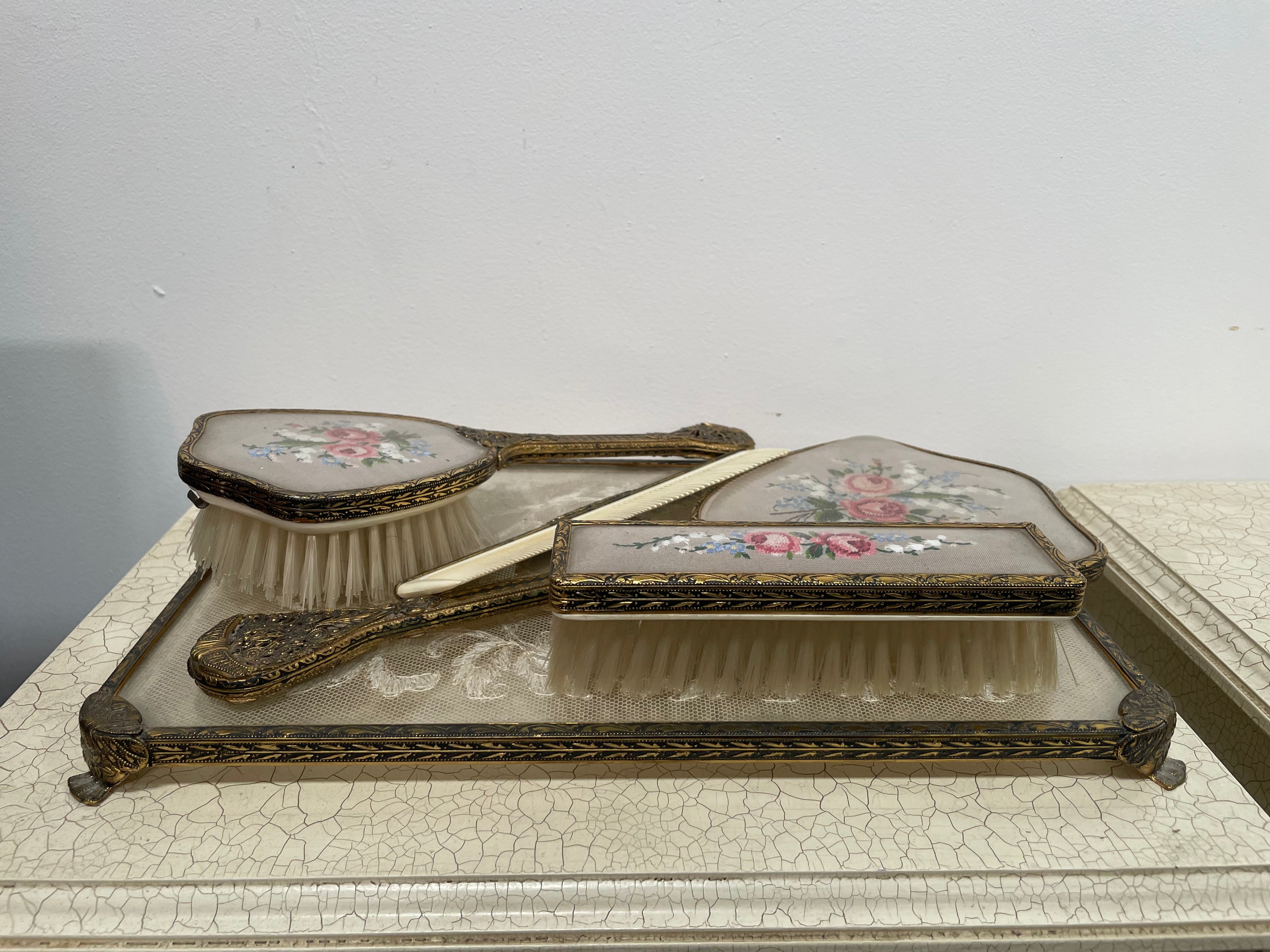 Vintage 5 Piece Petit Point Dressing Table Set | Antique & Vintage | Moonee Ponds Antiques | Australia Wide Delivery
