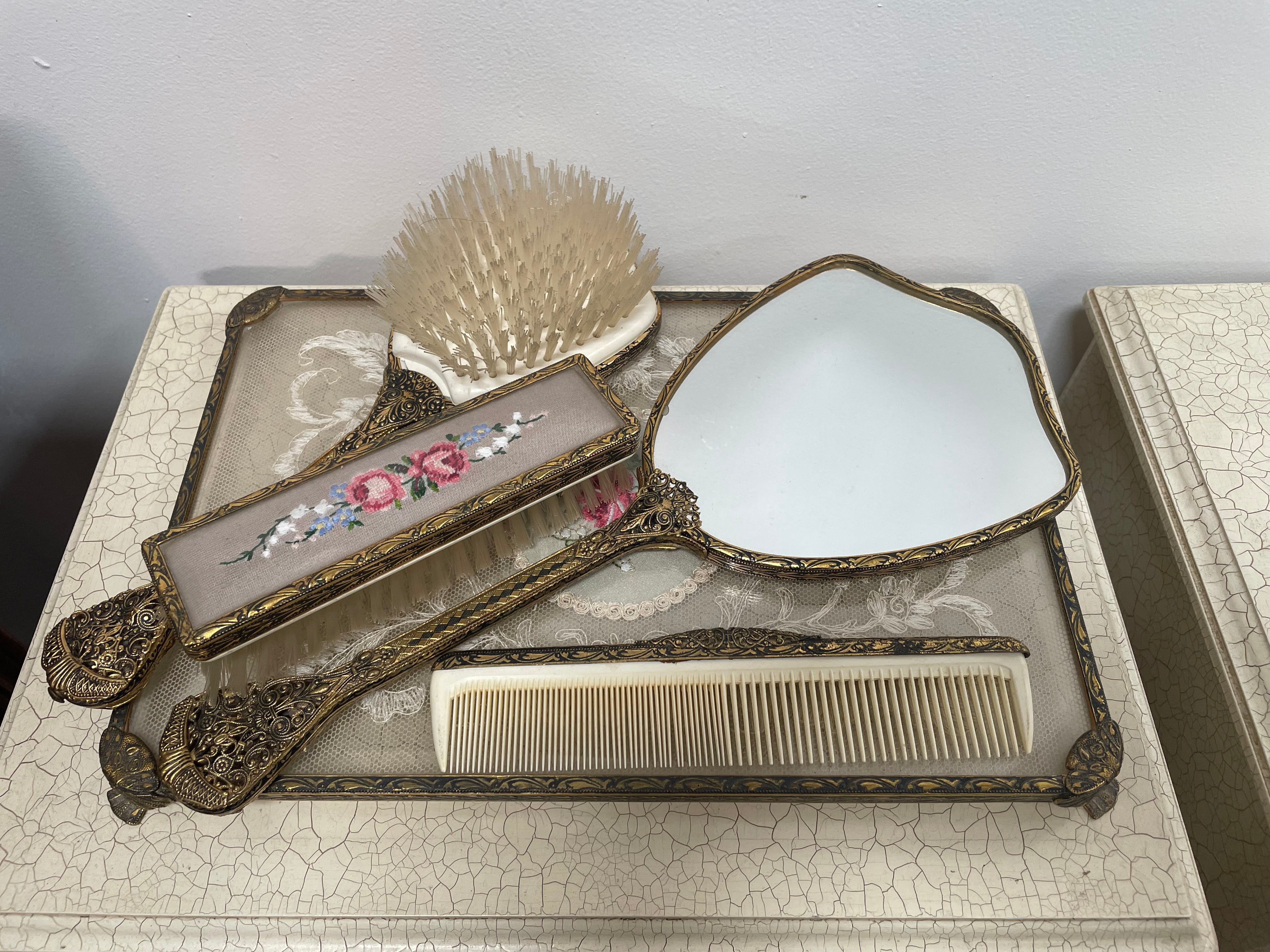 Vintage 5 Piece Petit Point Dressing Table Set | Antique & Vintage | Moonee Ponds Antiques | Australia Wide Delivery