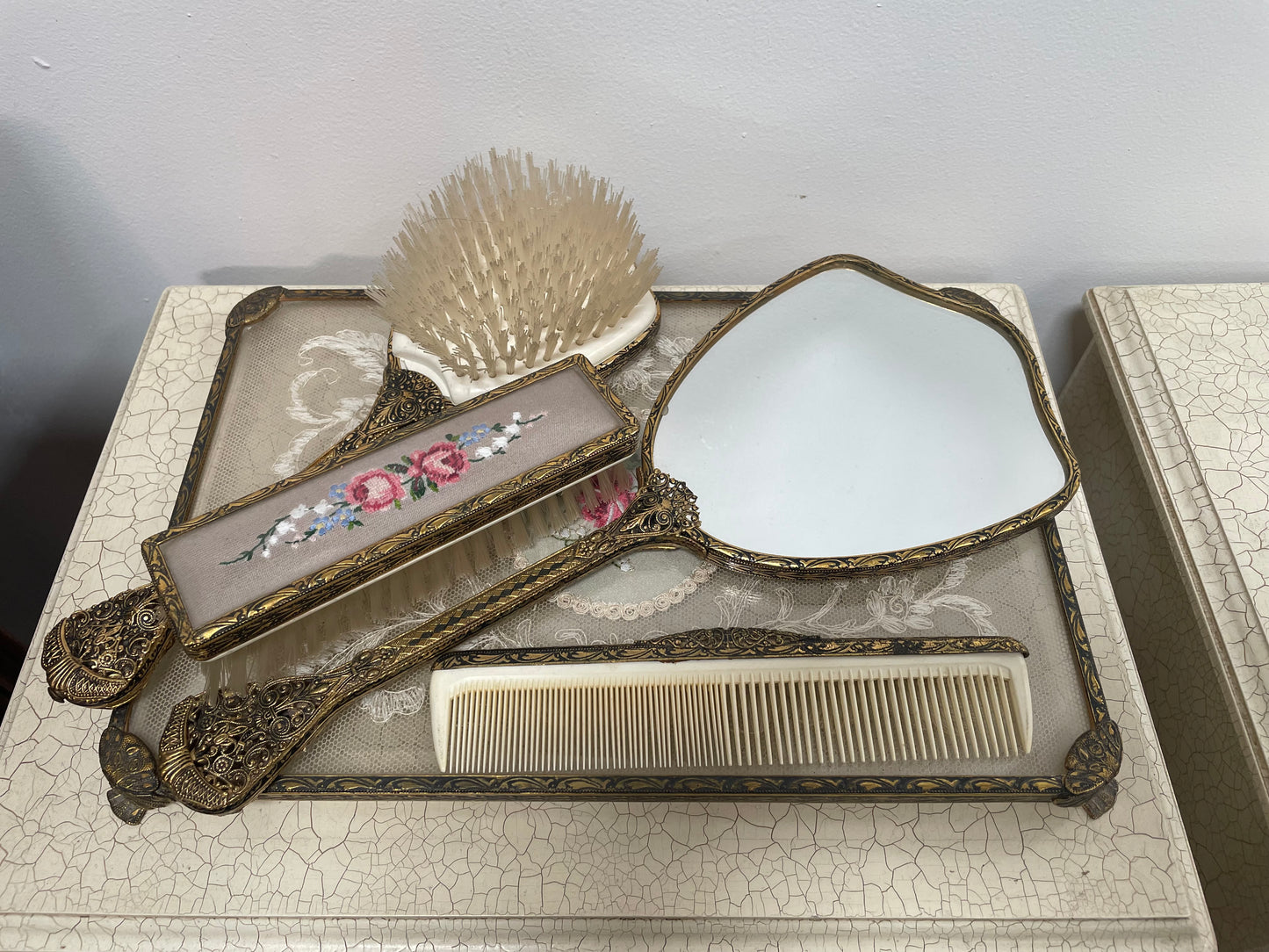 Vintage 5 Piece Petit Point Dressing Table Set