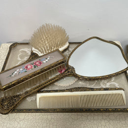 Vintage 5 Piece Petit Point Dressing Table Set