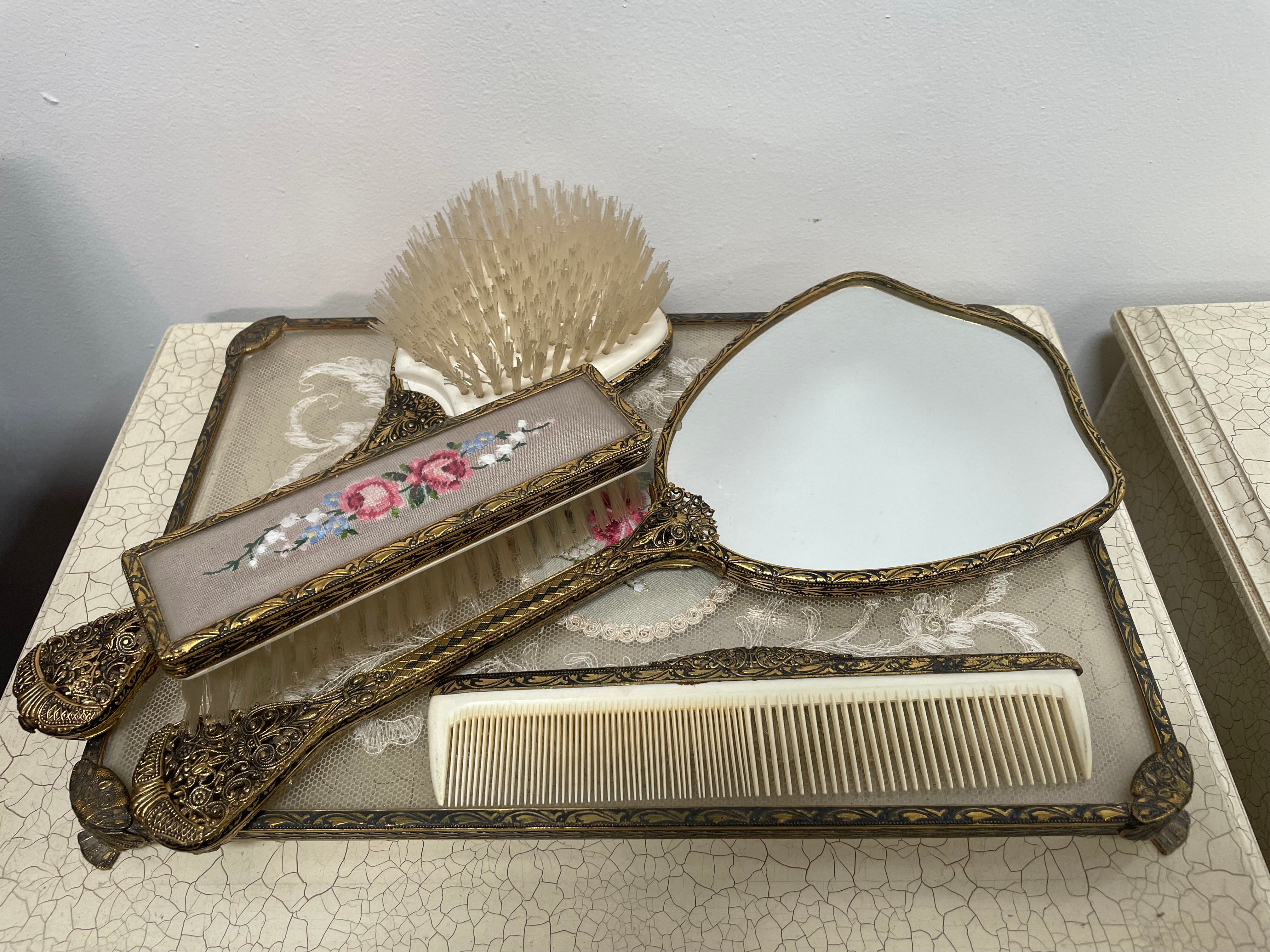 Vintage 5 Piece Petit Point Dressing Table Set | Antique & Vintage | Moonee Ponds Antiques | Australia Wide Delivery