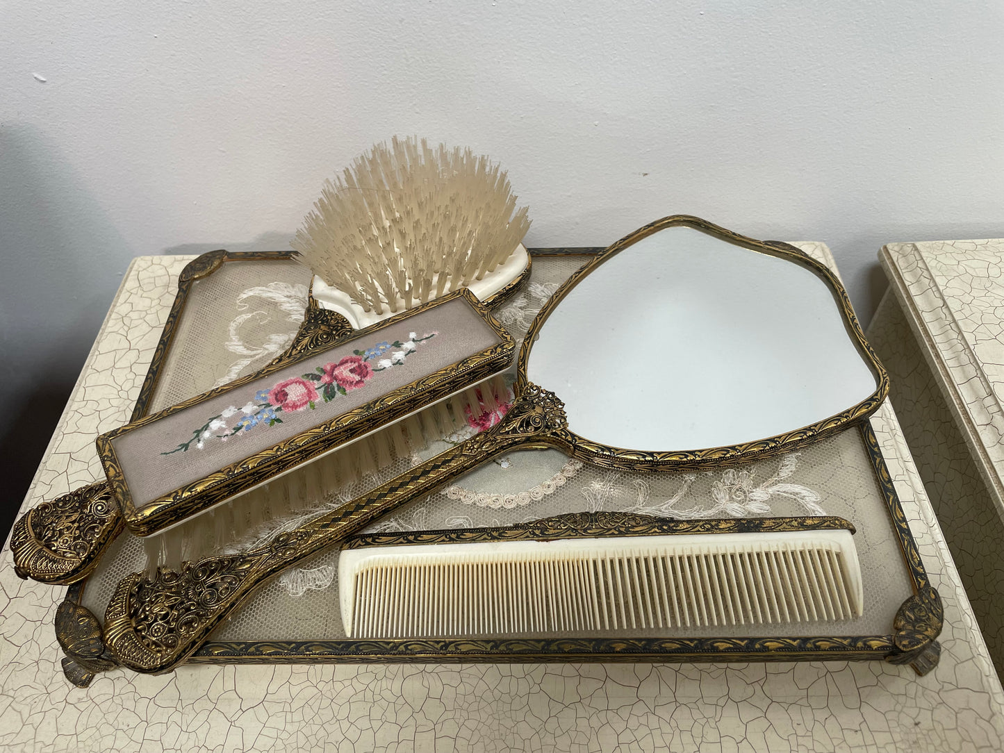 Vintage 5 Piece Petit Point Dressing Table Set