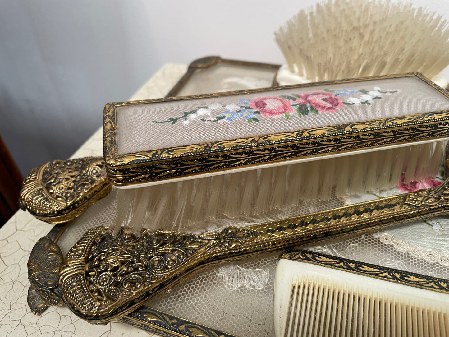 Vintage 5 Piece Petit Point Dressing Table Set